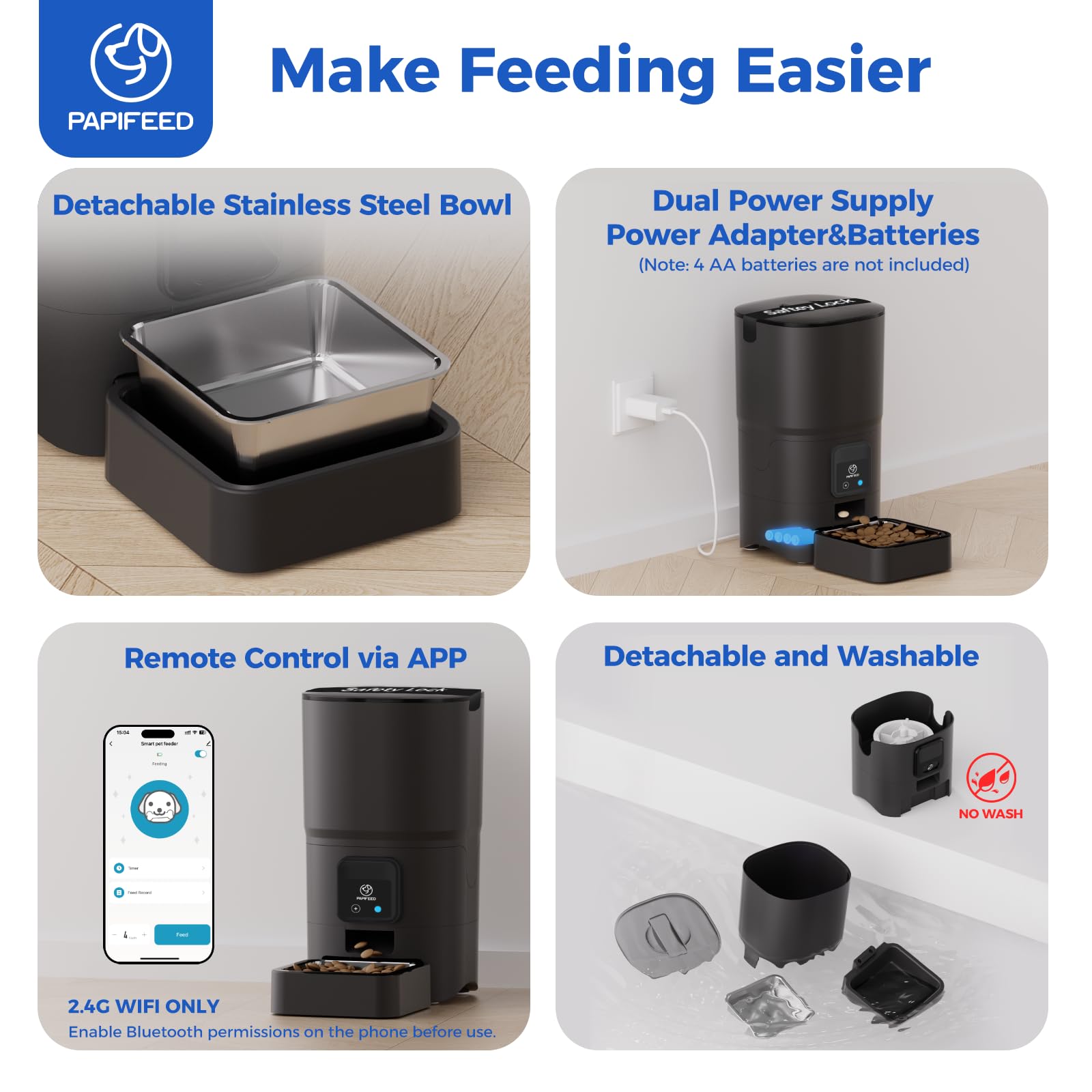 PAPIFEED 2.4G WiFi Automatic Cat Feeder, 6L/25Cup Automatic Pet Feeder with APP Control for Remote Feeding, Detachable for Easy Clean, Cat Food Dispenser with Alexa,1-10 Meals Per Day for Dog, Black
