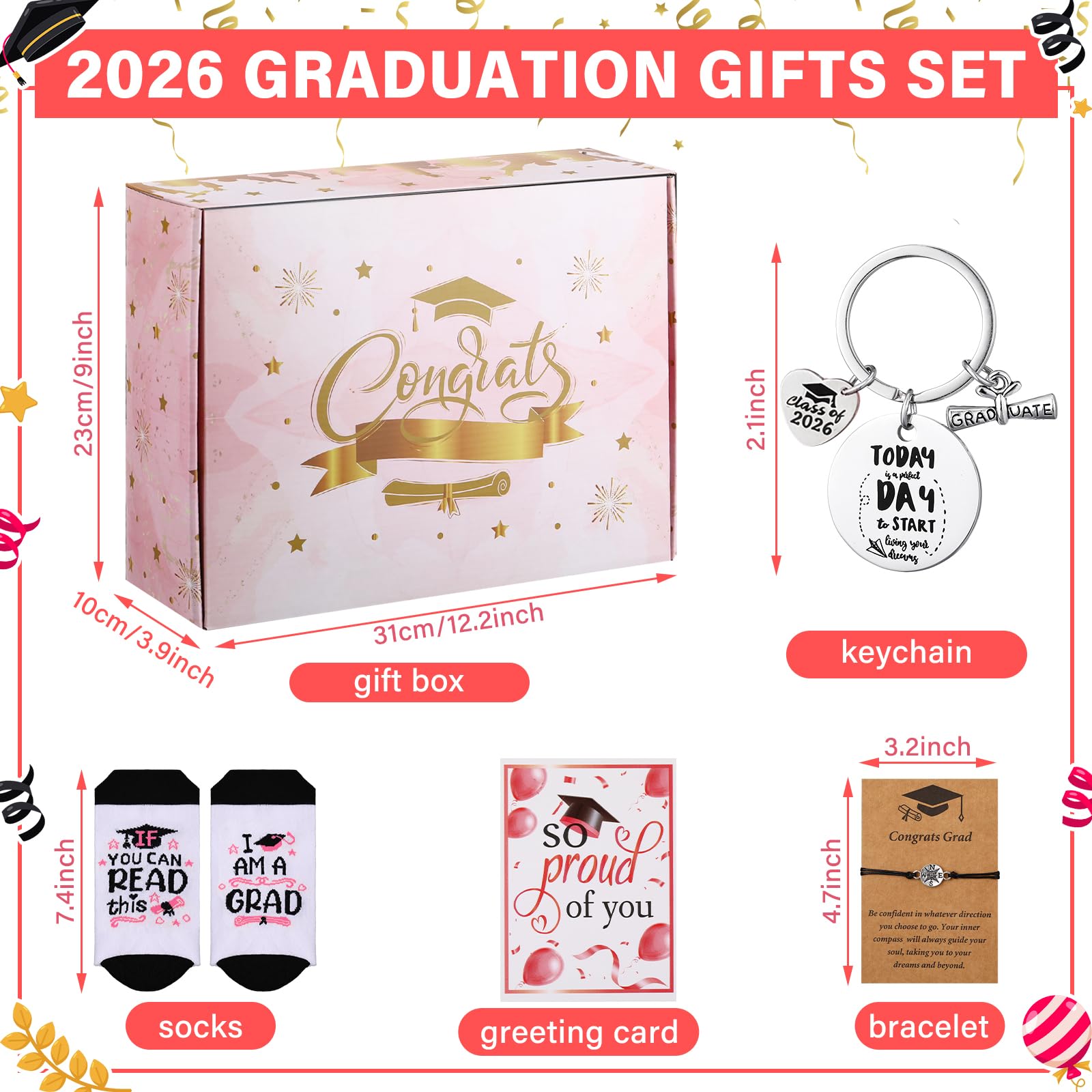 ReliThick Juego de 10 piezas de regalos de graduación universitaria 2024 para él, ella, felicitaciones, graduación, cesta de regalo que incluye manta de graduación, calcetines de tarjeta de oso, taza,