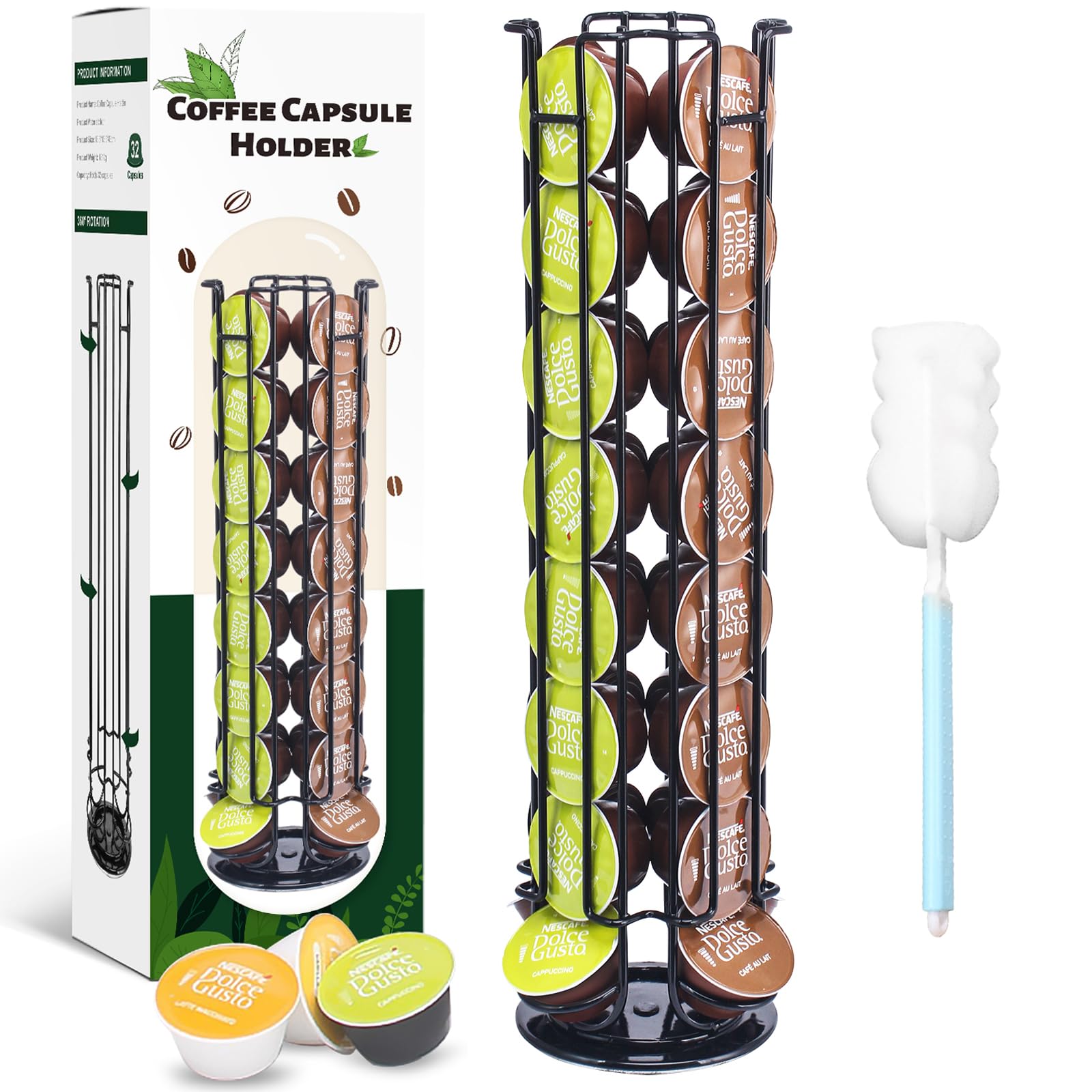 Porta Capsule per Caffè,Supporti per Capsule,Porta Capsule Caffe,Portacapsule per 32 capsule(Non contiene capsule di caffè)Supporto Girevole Verticale 360°,Nero