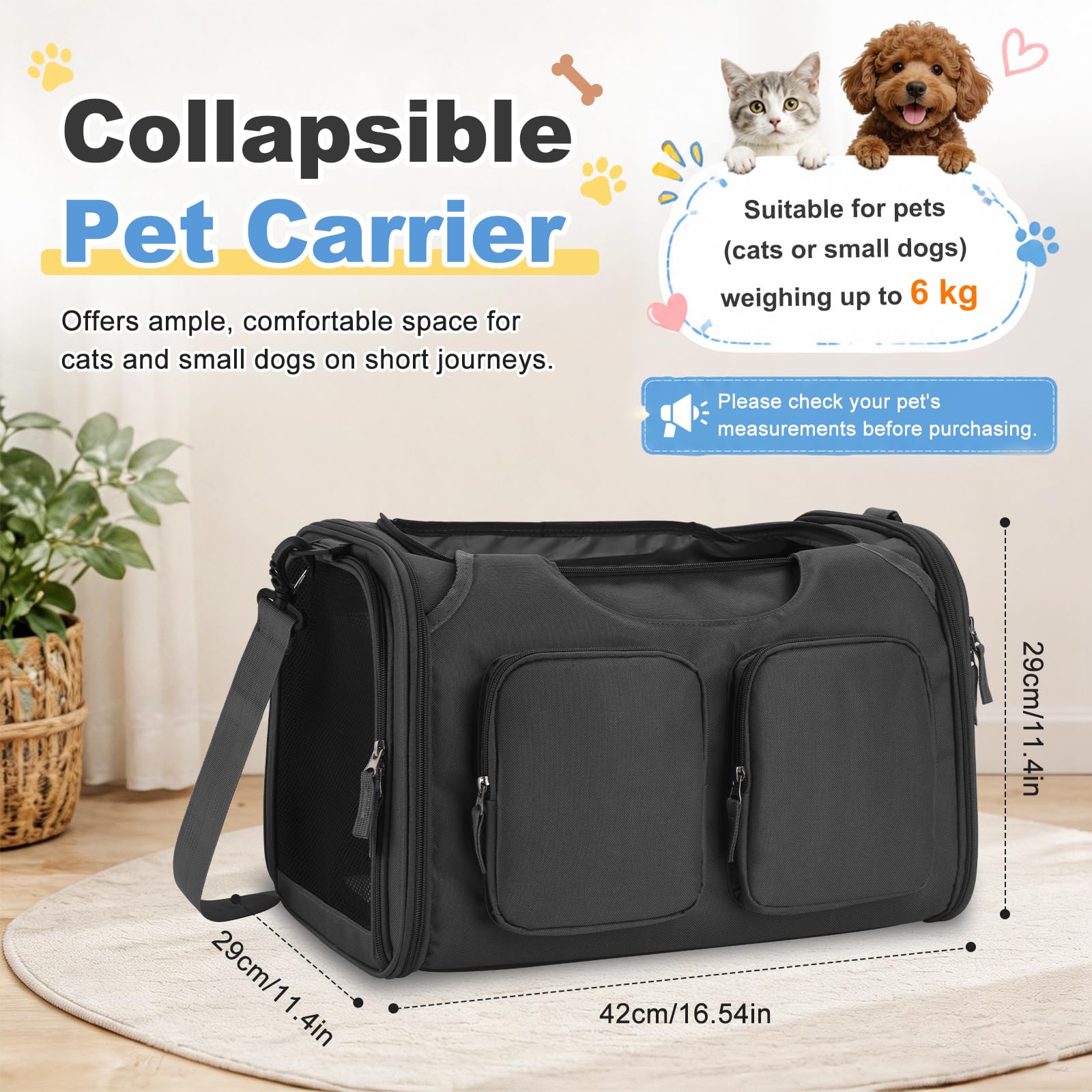 Faltbare Katzentransporttasche für Katzen/Hunde bis 6 kg (Grau)