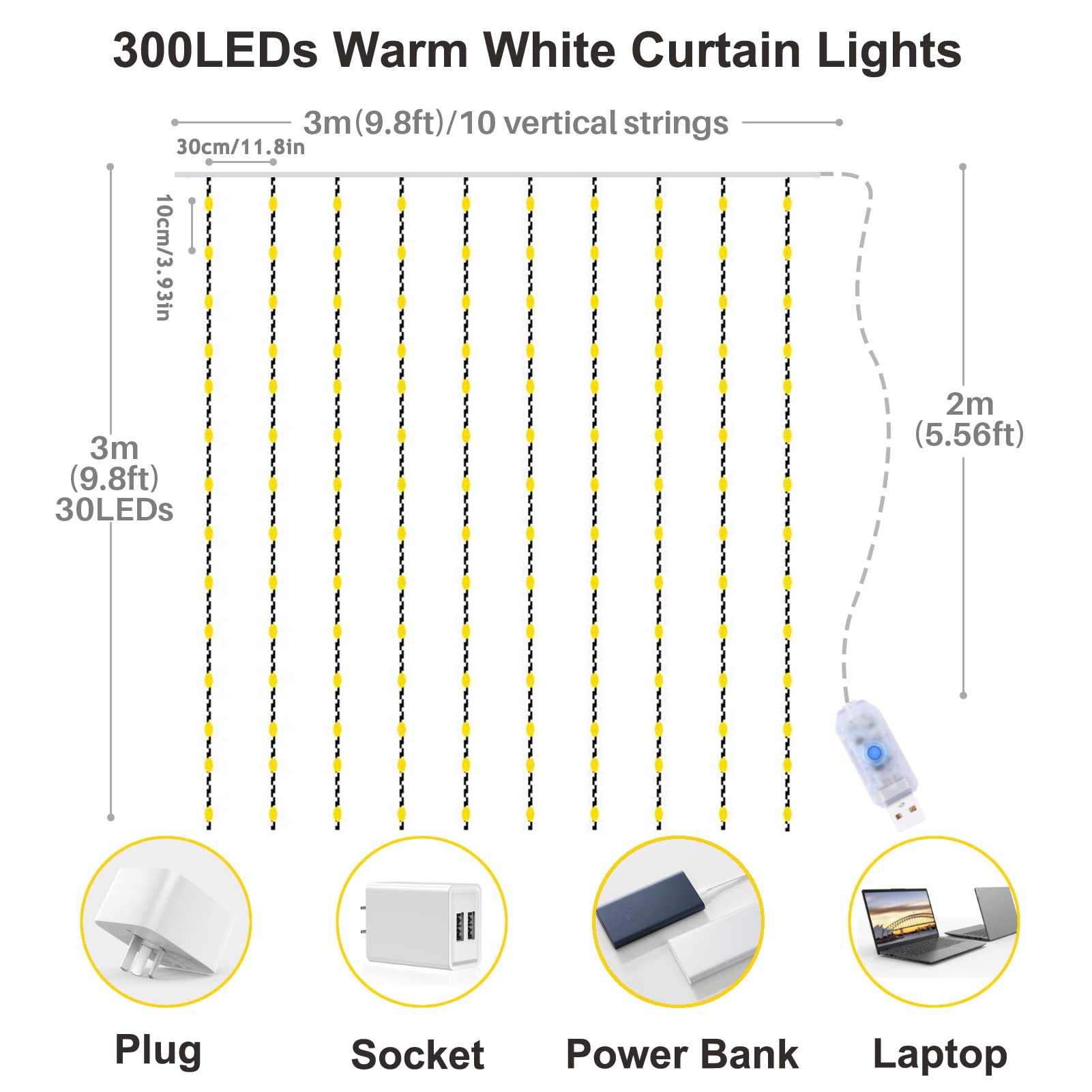 Yizhet Perde Işıkları 3 m x 3 m, 300 LED Perde Peri Işıkları, Sıcak Beyaz