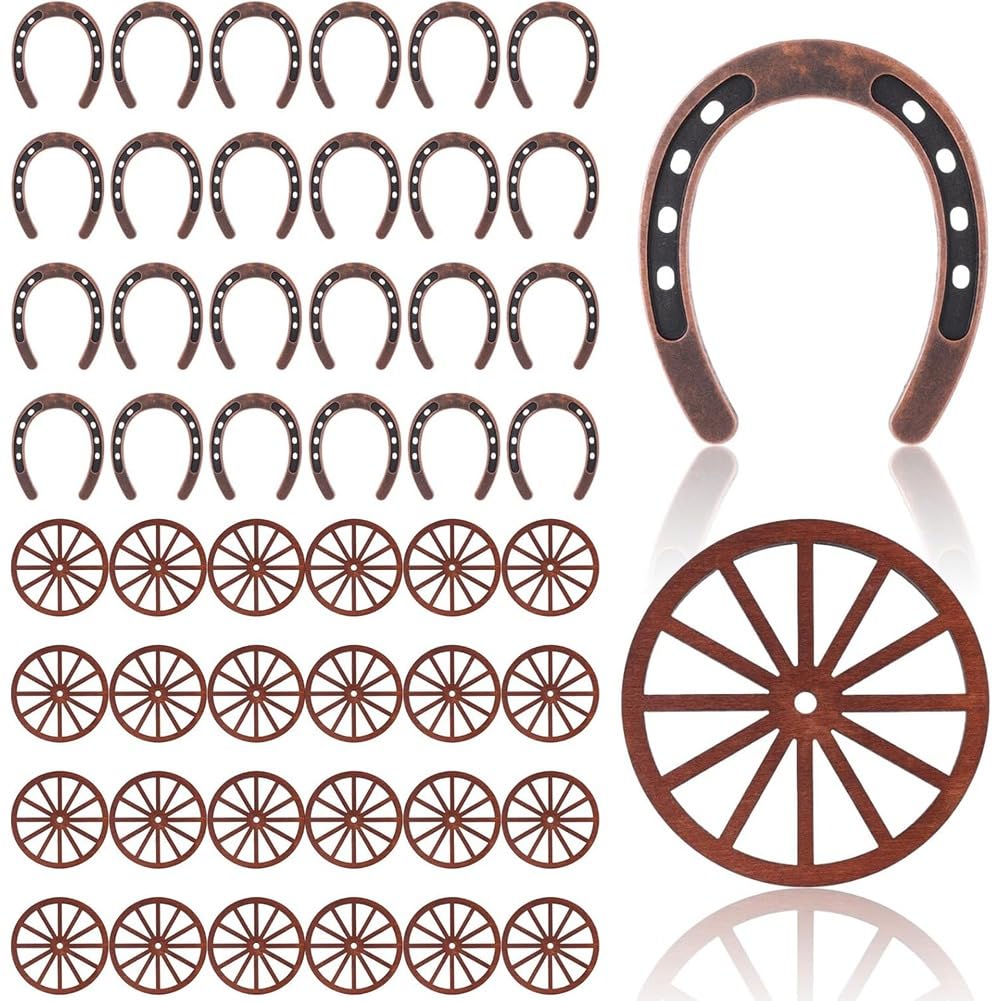 Vjsujehgy Rustic Wood and Metal Decorations Set- 48 Pcs for Cowboy Cowgirl Birthday Wedding Centerpiece Western Party Supplies