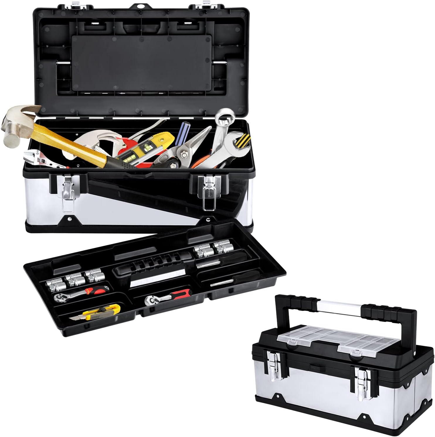 Nightcore 17-Inch Tool Box, Lockable Hardware Organizer with Removable Trays, Storage Toolbox with Handle and Latches for Craft, Household
