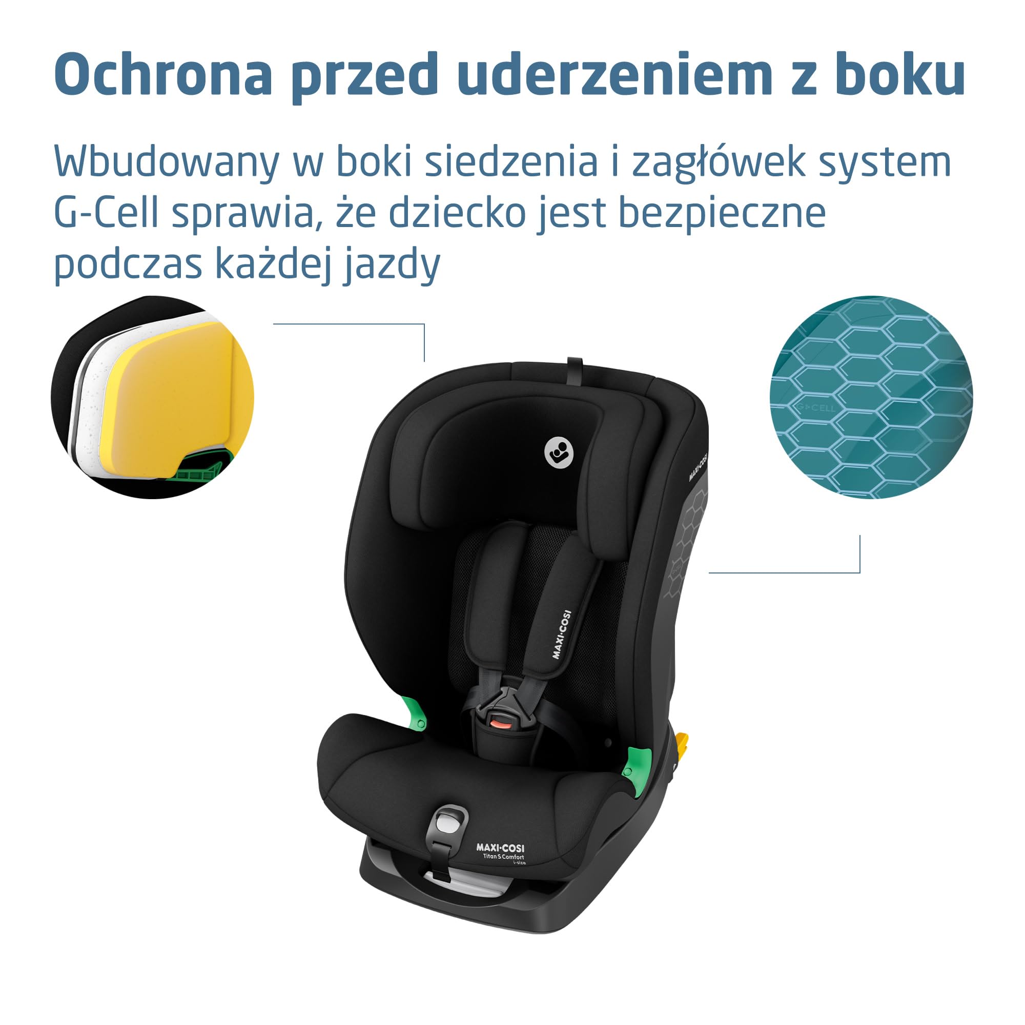 Maxi-Cosi Titan S Comfort i-Size, Fotelik samochodowy, od 15 mies. do 12 lat (76–150 cm), fotelik samochodowy ISOFIX, 5 poz. odchylania i 13 ustawień zagłówka, Ochrona boczna G-CELL, Authentic Black