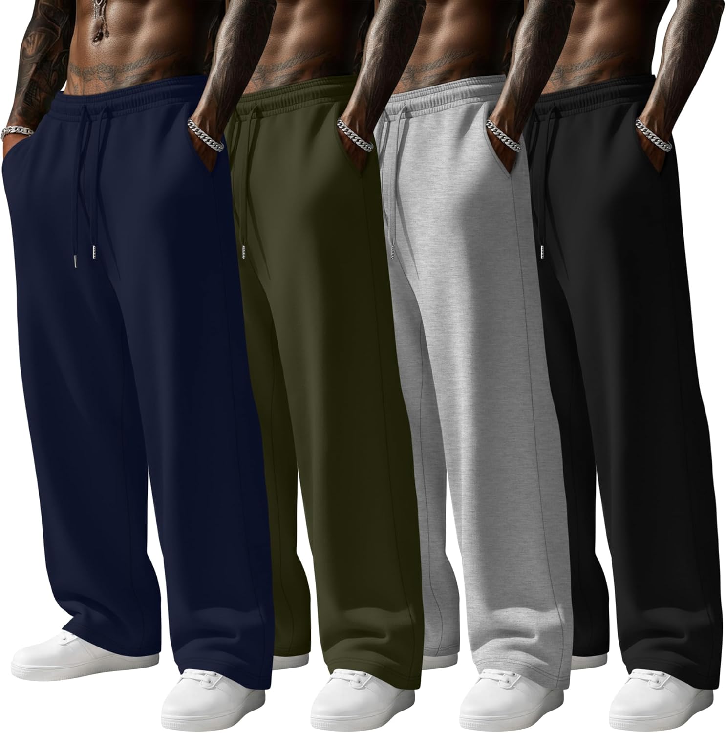 4 Pack Men's Sweatpants Wide Leg Open Bottom Baggy Drawstring Joggers Athletic Loun...