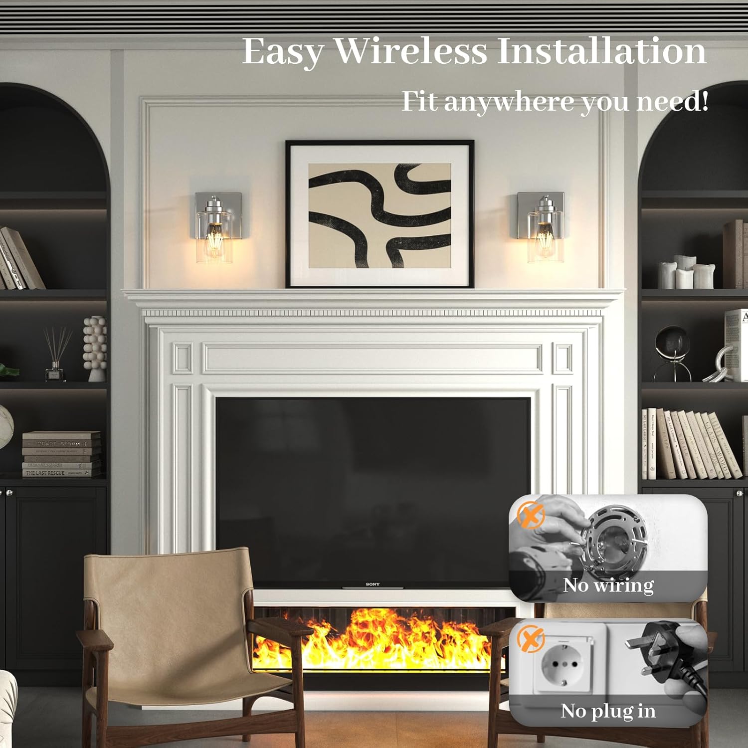 ThyFenno Battery Operated Wall Light with Remote Control, Dimmable Wall Sconce Set of 2 No Wiring, Rechargeable Wireless Wall Lamp for Living Room Bedside Hallway Lounge Mirror, Nickel