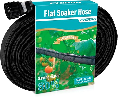 Flat Soaker Hose for Garden Bed,25 50 75ft 50ft*2 12" Linkable Consistent Drip Irrigation Hose Save 80% Water Leakproof Heavy Duty Double Layer