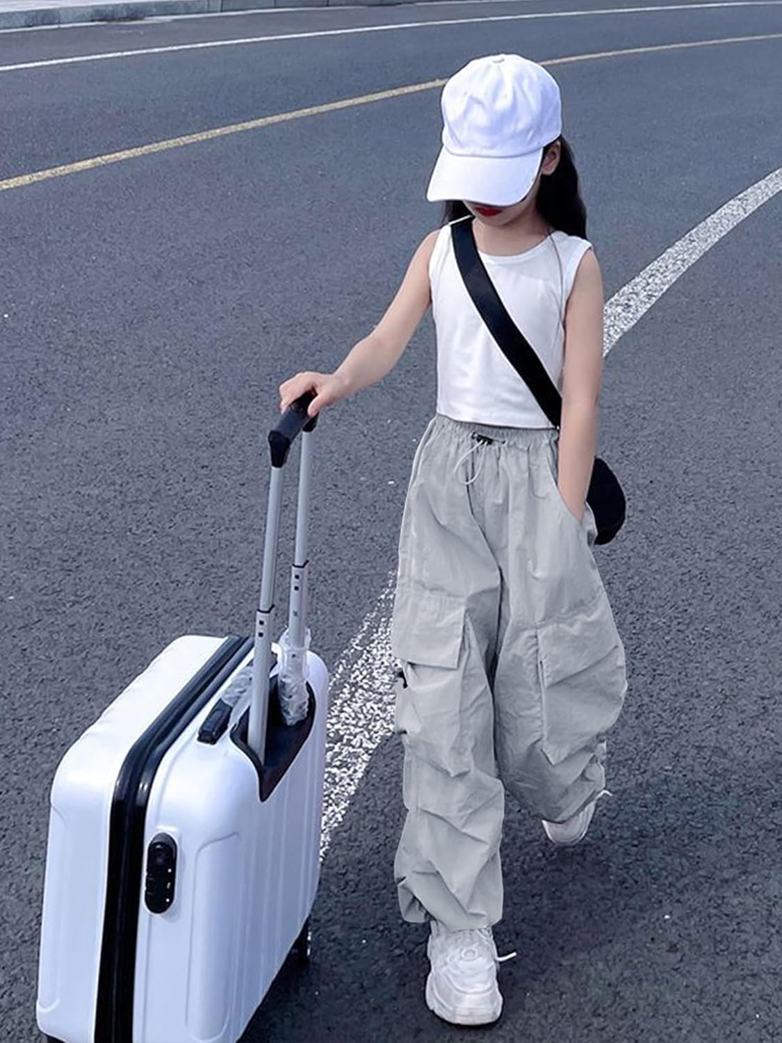 Girls Cargo Pants Elastic Waist Drawstring with Pockets Pants Light Grey 170CM,6-14 Years - Image 3