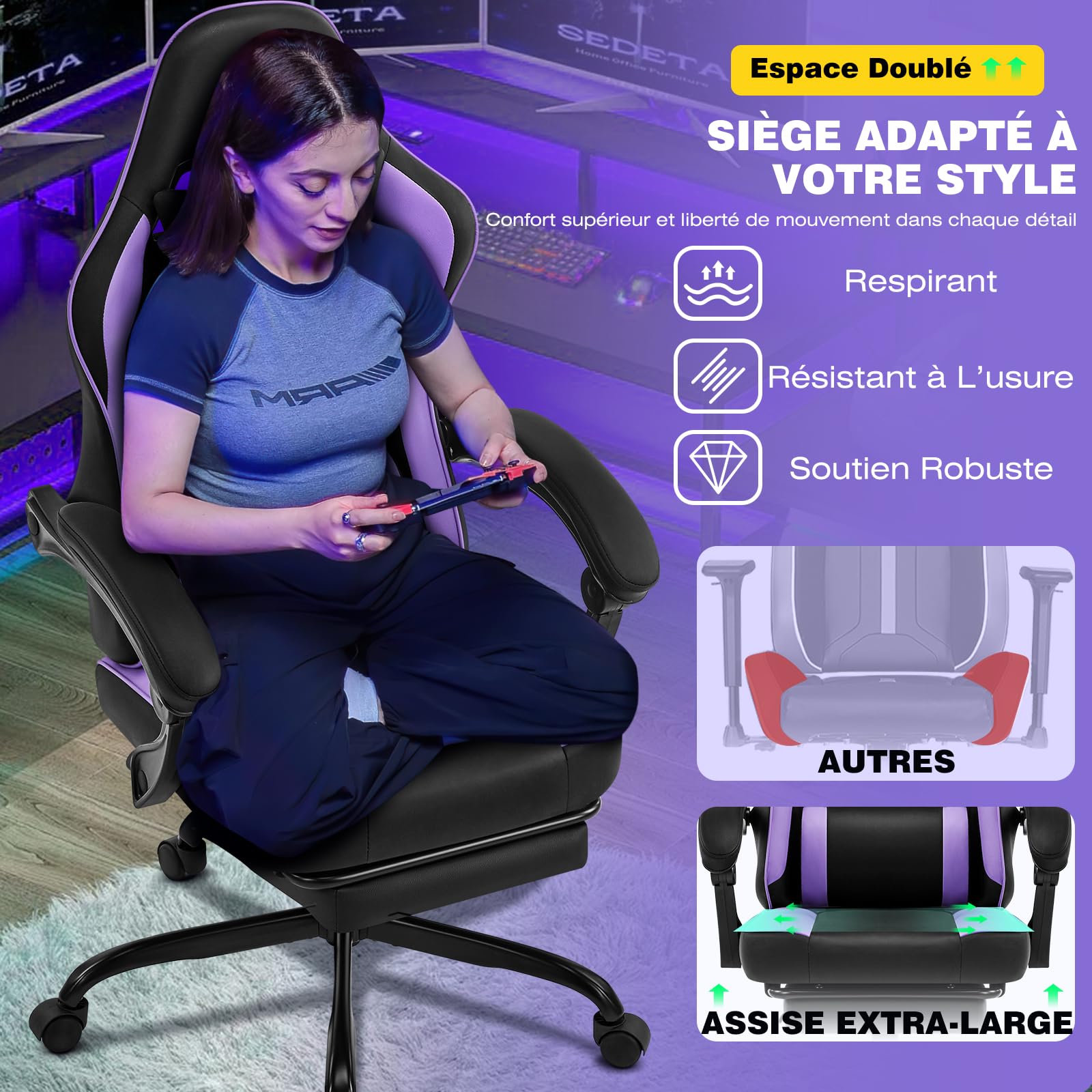 Hellove Chaise Gaming avec Repose-Pieds, Fauteuil de Jeu avec Appui-tête Ergonomique, Soutien Lombaire Réglable, Accoudoirs Synchronisés, Chaise de Bureau pour Gamer et Travail, Cuir PU Gris