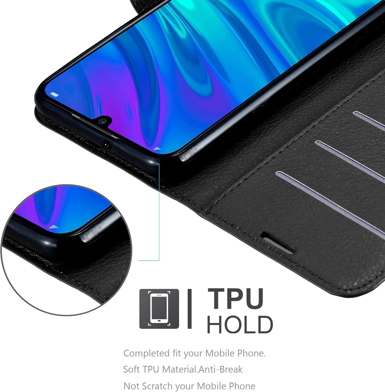 Cadorabo Book Case Compatible with Honor 10 LITE in Oxid Black - with Magnetic Closure, Stand Function and Card Slot - Wallet Etui Cover Pouch PU Leather Flip