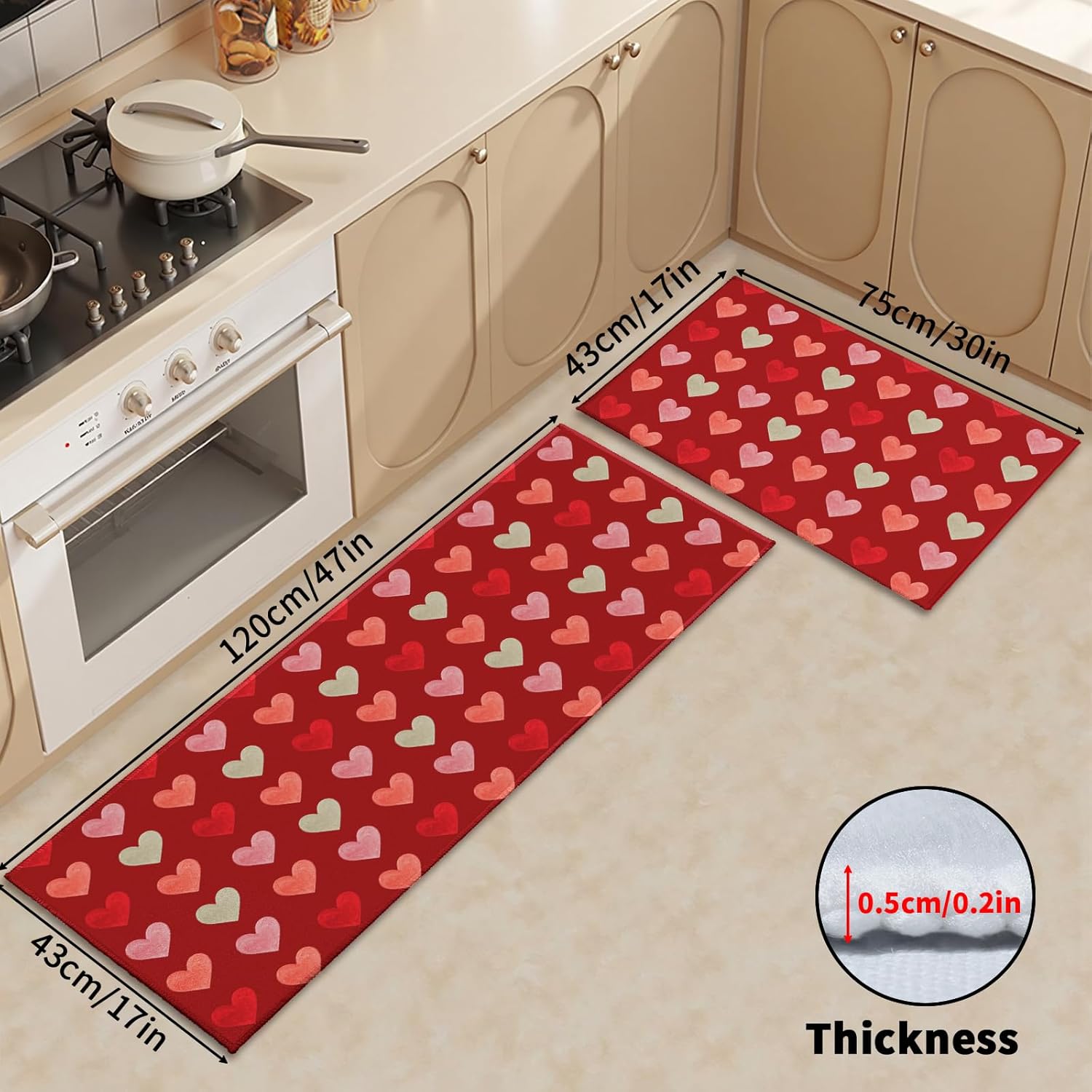 Valentines Day Kitchen Mats for Floor Set of 2 Love Heart Block Print Holiday Red Valentine Kitchen Rugs Non Slip Washable Absorbent Anniversary Kitchen Runner Rugs Decor,17x30 and 17x47 Inch