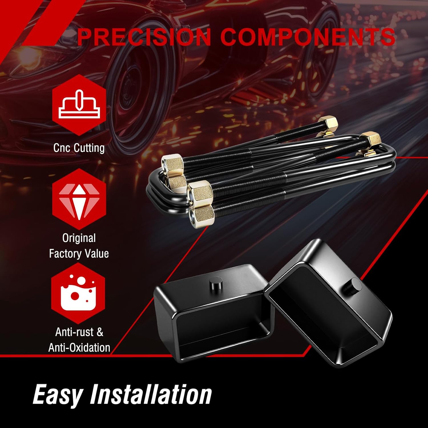 3'' Rear Lift Block Kits Compatible with Chevy Silverado 1500 1999-2024, 2pcs Lift Block with 4pc Extended Square Leaf Spring Ubolts for GMC Sierra 1500 1999-2024, 3inch Rear leveling Lift Set