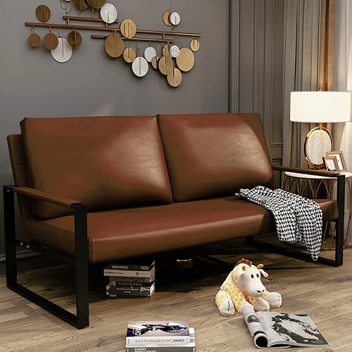 AWQM PU Leather Love-seat Sofa, 45 Inches Mini Upholstered Couch Middle Ages Modern Accent Chair with Black Metal Armrest 2 Seater Lounge for Small Spaces (Chocolate)