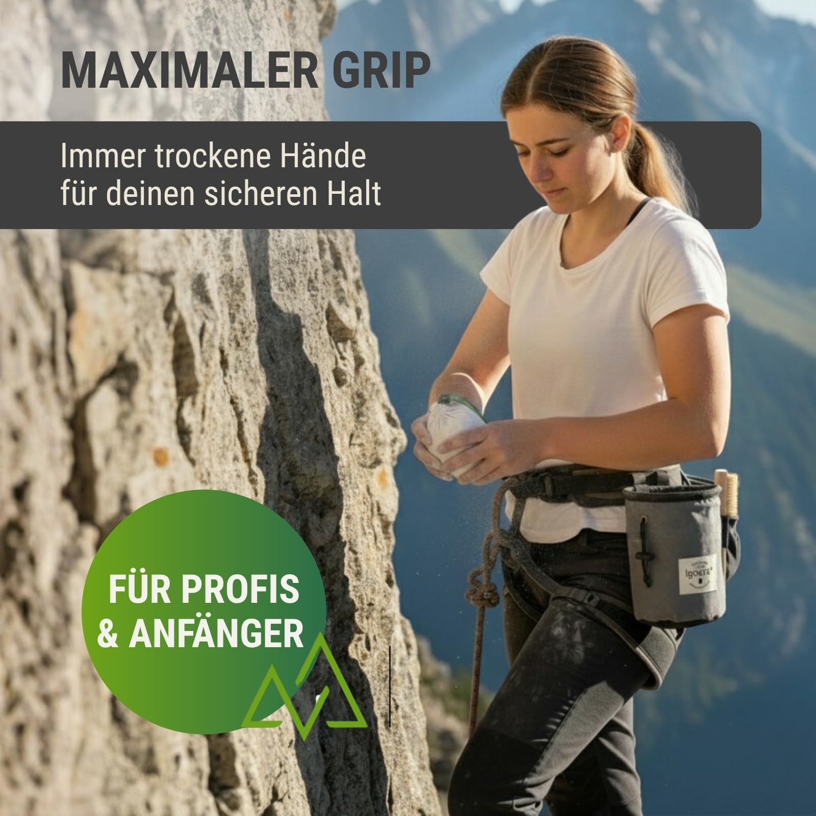 Boulder Set mit Chalkbag, Boulder-Bürste & Chalkball – Kletterzubehör Set für Bouldern & Klettern – Magnesiumbeutel mit Fleece-Futter, Wildschweinborsten-Bürste & Chalkball aus Baumwolle