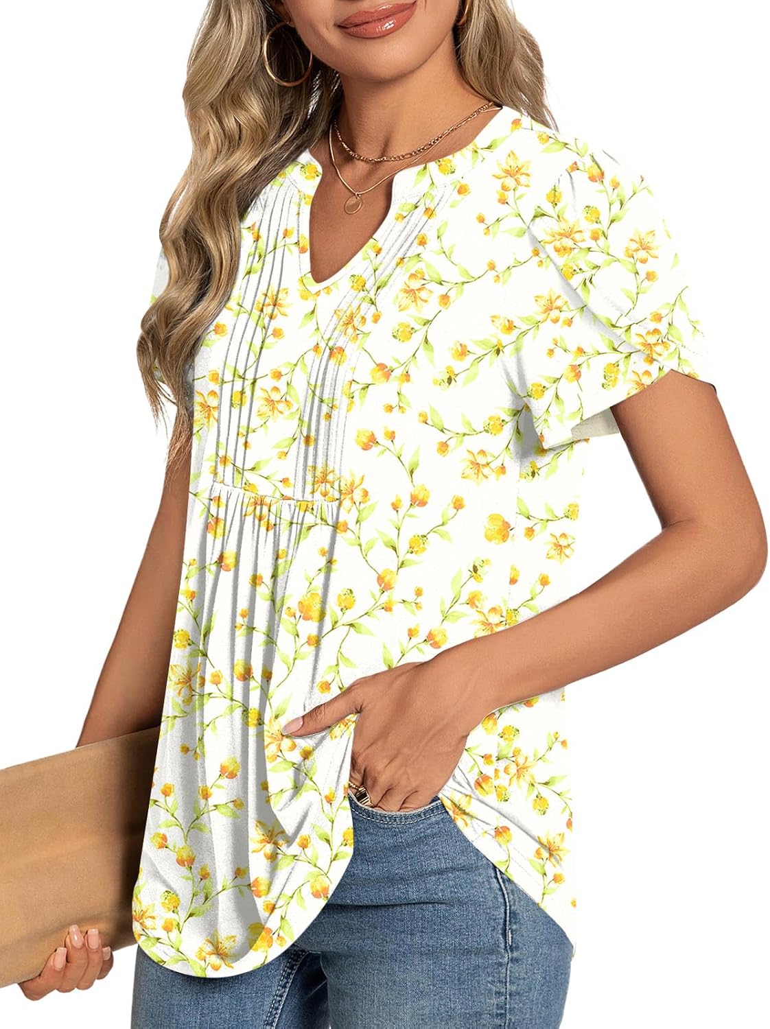 Womens 2026 Summer Plus Size Tunic Tops V Neck Dressy Casual Blouse for Work Pleated Short Sleeve T-Shirts - Image 2