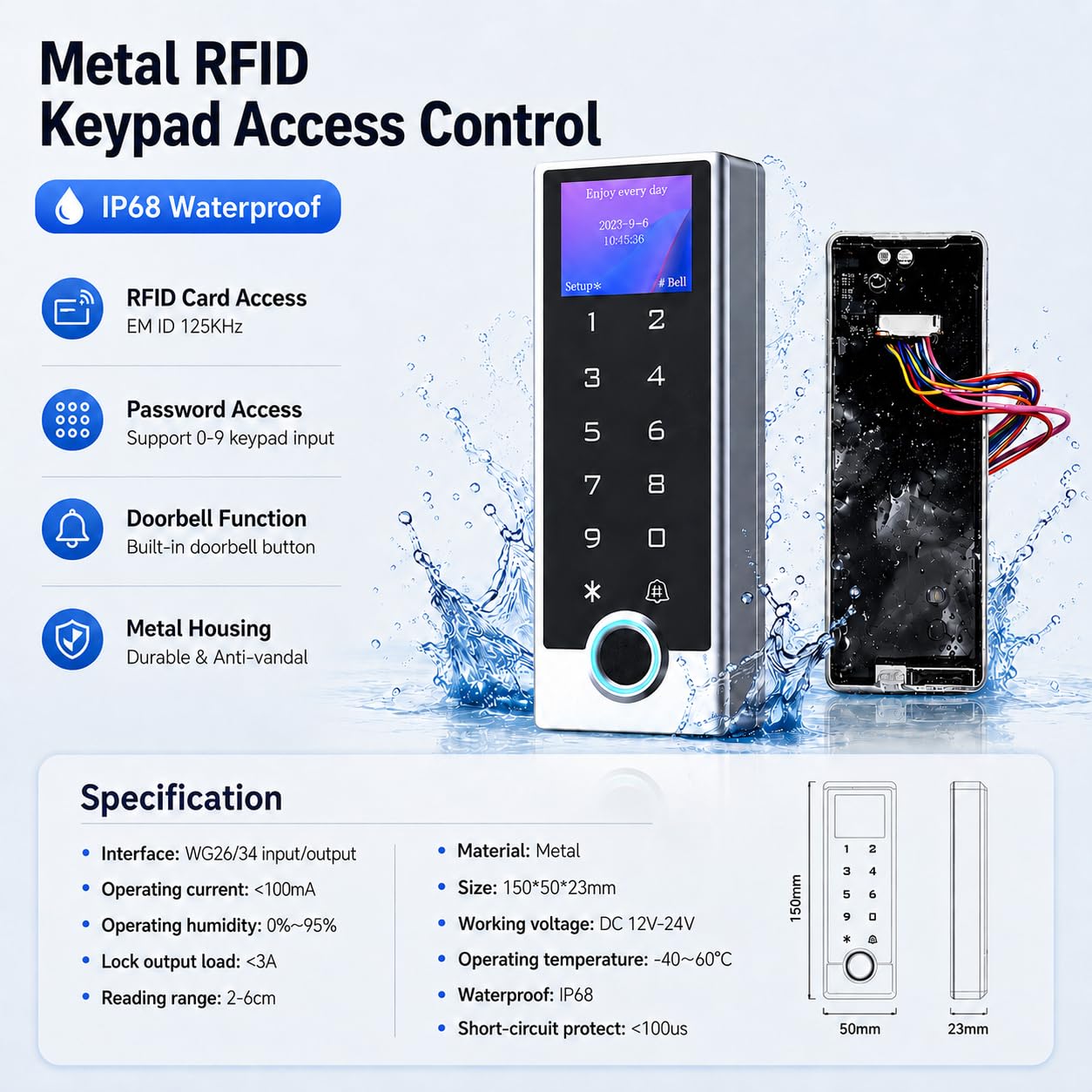 Zutrittskontrolle mit Fingerabdruck für Tür und Tor, Codeschloss RFID 125kHz + 10 ID-Transponder, LCD-Display, Metall IP68, WG26/WG34, PIN + Transponder, DC 12–24V, Wohnung Büro Geschäft T15
