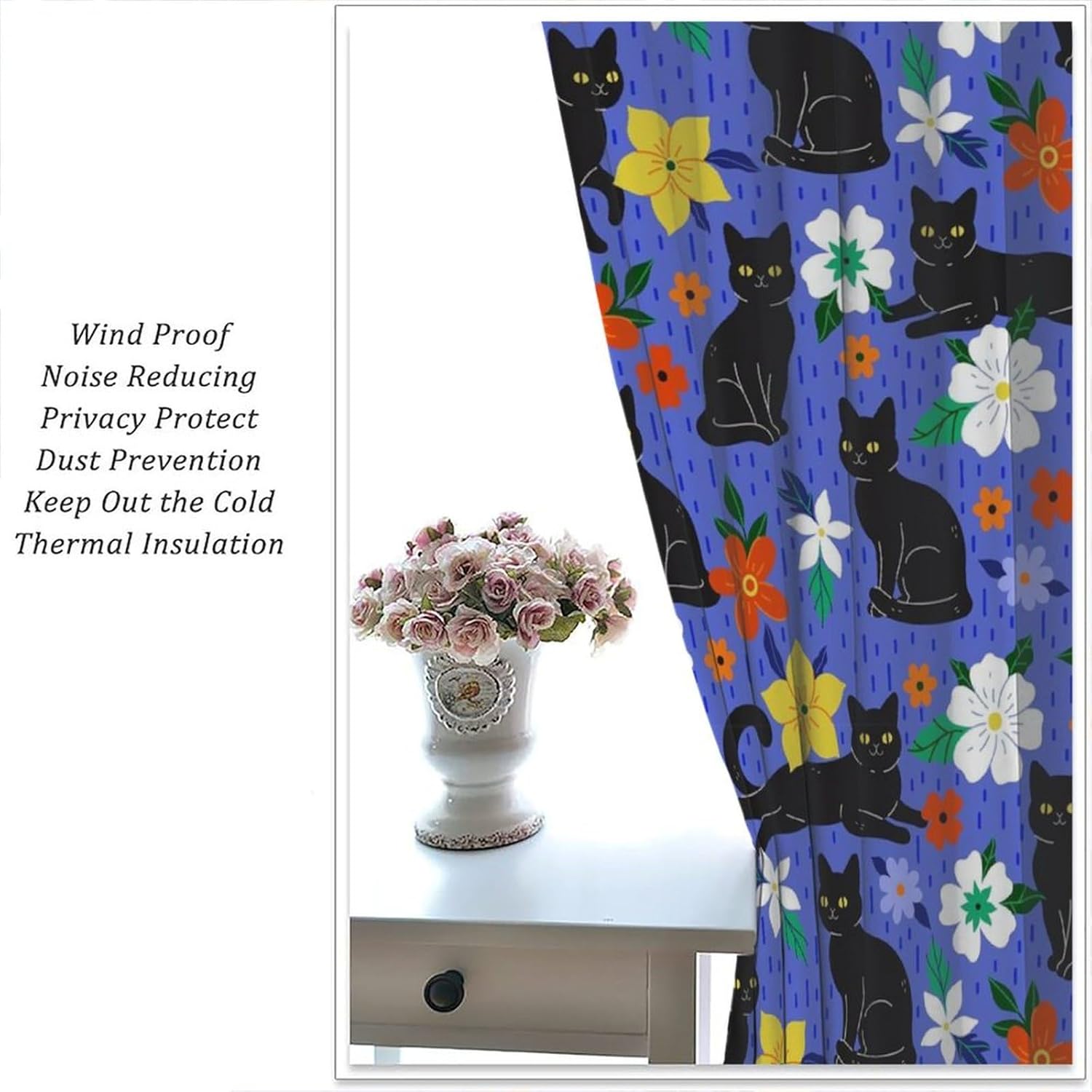 Cat Curtains Boho Cartoon Cute Animals Colorful Flowers Art Printed Blackout Window Drapes for Living Room Kitchen Decor Fabric Set 2 Panel 52x84 Inch 80% Shading Rate