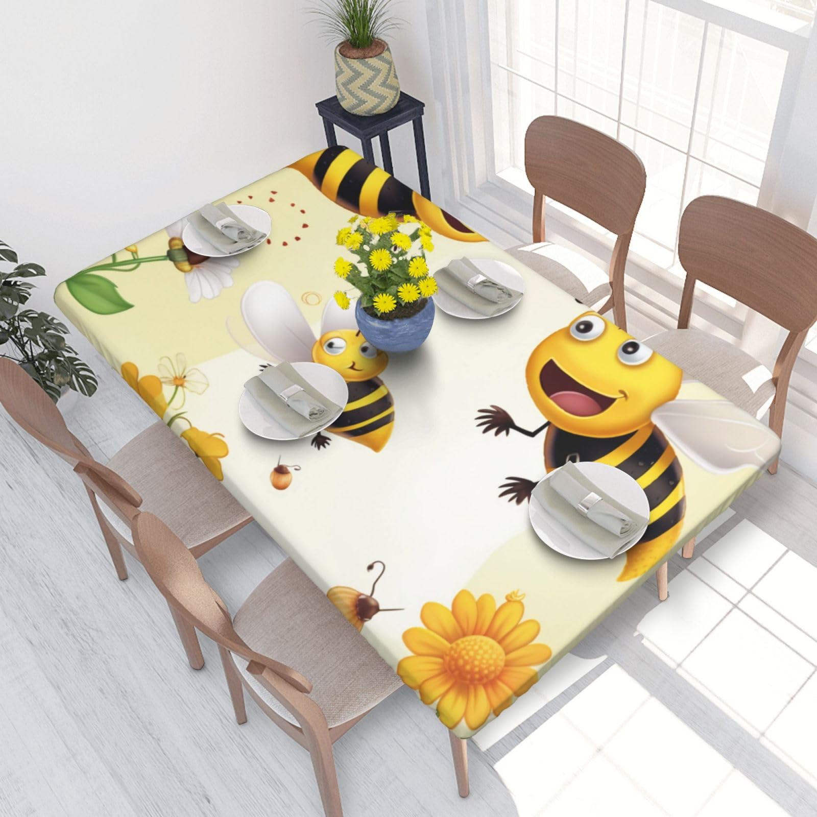 DCARSETCV Flying Bees Honey Printed 4FT Waterproof Tablecloth with Elastic Edged Protect & Decor Your Table, Oil-proof Washable Table Cloth Cover for Dinner Picnic Party
