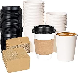 Flunyina 12 Oz Disposable Paper Coffee Cup with Lids and Sleeves To Go Coffee Paper Cups Hot Beverage Disposable White Paper Coffee Cups with Black Lids and Dome Lid and Kraft Sleeve Combo Office Parties Home Travel Drink Cups for Hot Chocolate Tea Cocoa Cold Beverage, 50 Packs