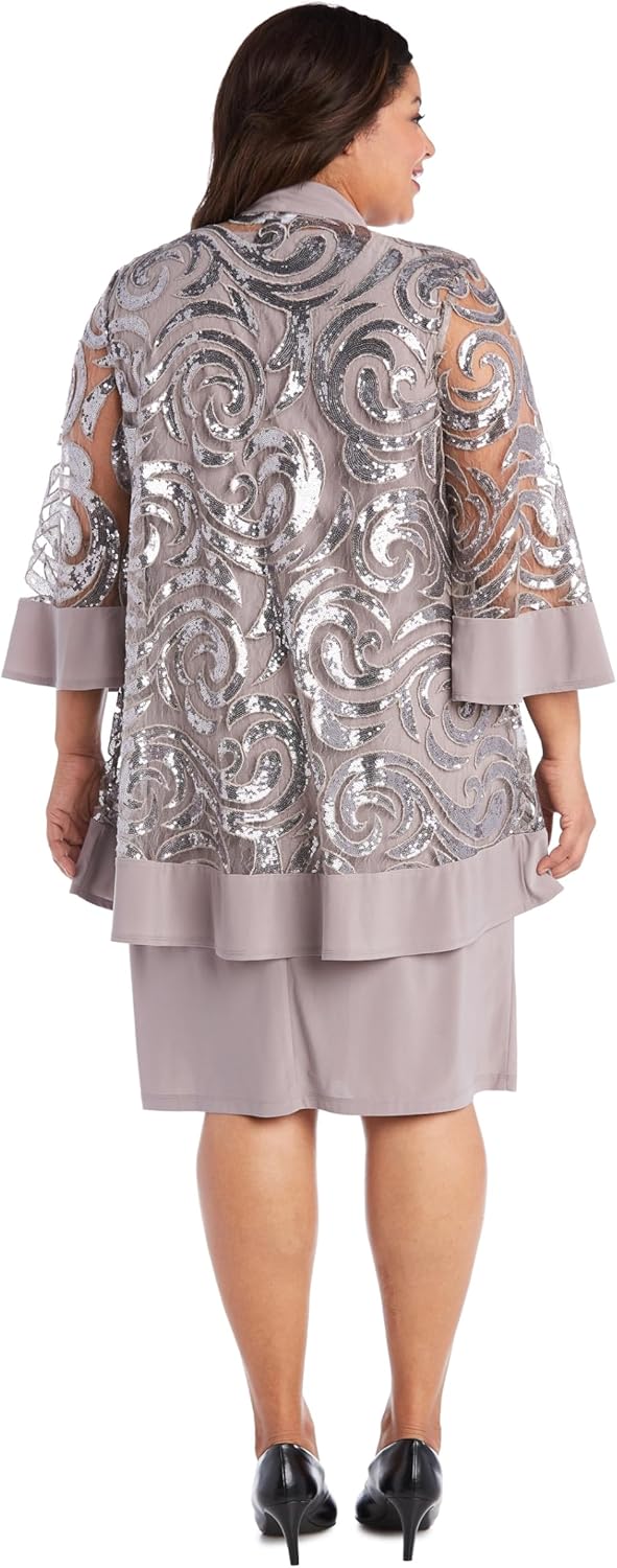 Elegant Knee-Length Geometric Shift Dress W/ 3/4 Sleeve Draped Flyaway Jacket - Image 7