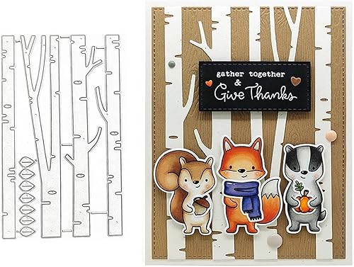 Matrices de metal con marco de bosque de abedul, tronco de árbol de abedul en fondo de otoño, plantillas cortadas para álbumes de recortes, fotos,