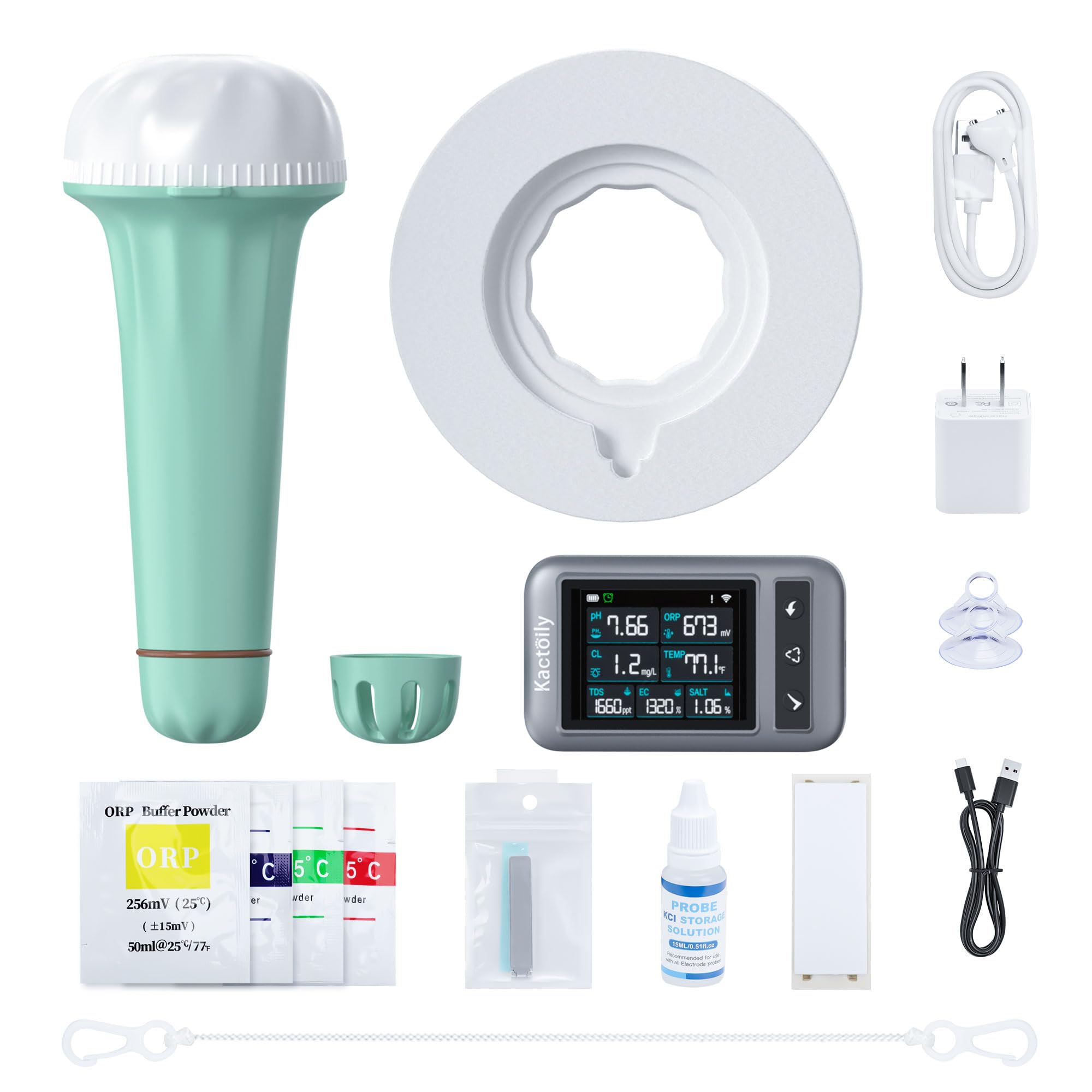 7-in-1 Pooltester mit App-Steuerung für pH, Chlor, TDS, EC, ORP, Salz, Temperatur