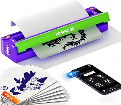 Poseidon Tattoo Stencil Printer Machine with 10pcs Transfer Paper | Wireless Bluetooth, Thermal Tattoo Machine, For Tattoo Artists & Enthusiasts & Beginner, Support Smartphone, PC, Android, iOS