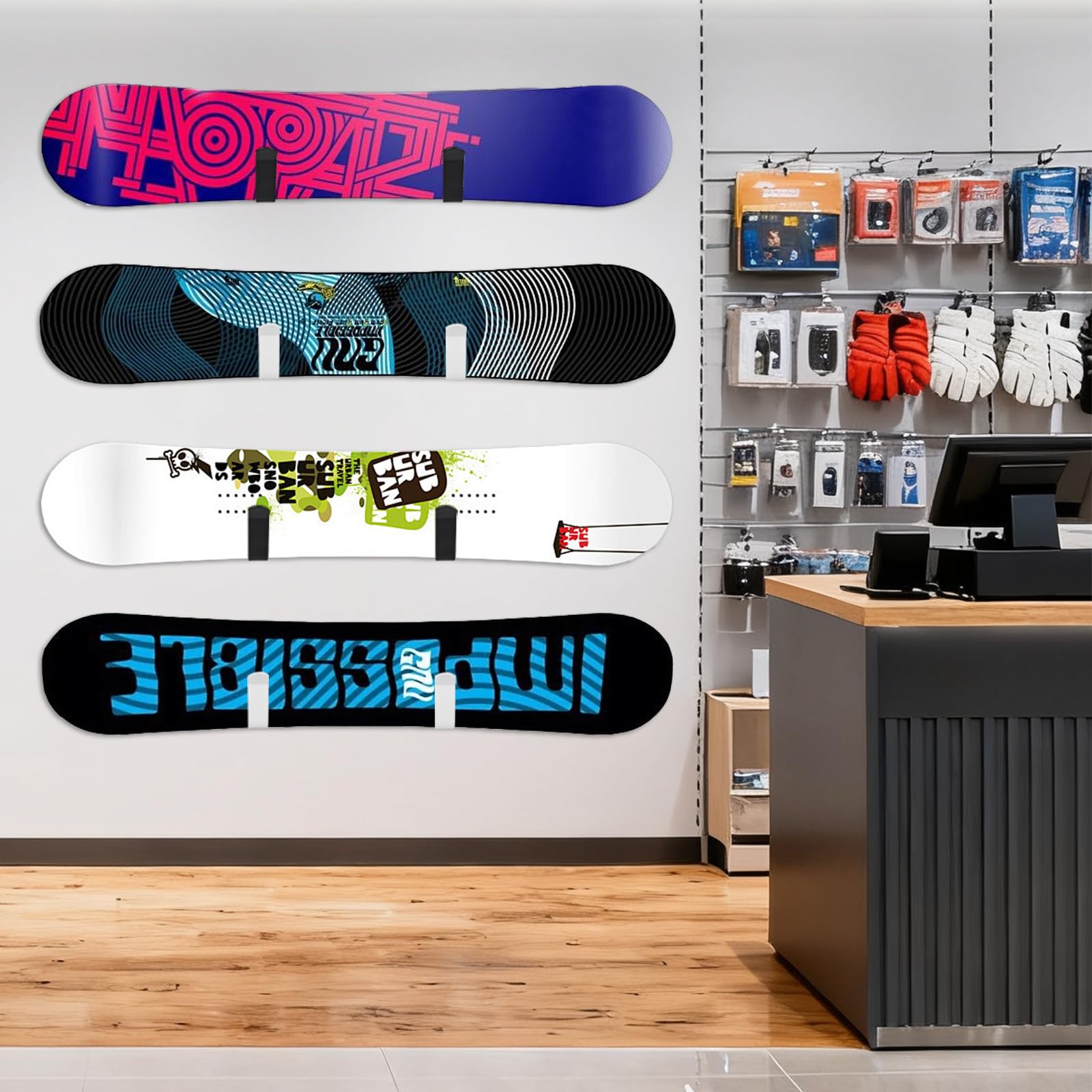 4 uchwyty ścienne do snowboardu, poziomego uchwytu na deskę snowboardową ze śrubami mocującymi i gumową ochroną do deskorolek, desek surfingowych