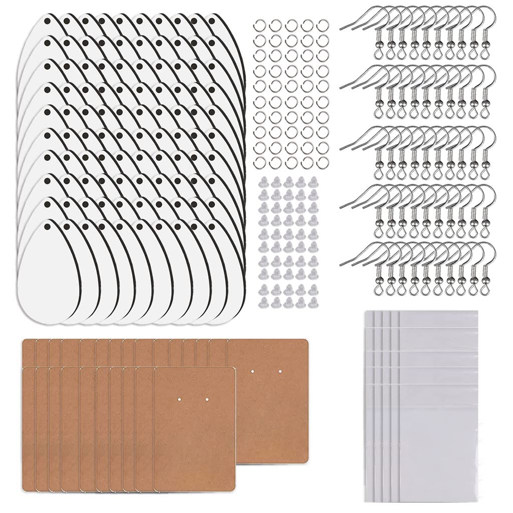 50 Wärmeübertragungs Wassertropfen Plattenanhänger + 50 Ohrhaken + 50 Ohrstöpsel + 25 Kraftpapierkarten + 25 Druckverschlussbeutel Ohrring Anhänger für die Herstellung von Ohrringen für die Sets