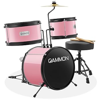 Gammon 3-Piece Junior Drum Set with Throne - Pink, Complete Beginner Kit with Bass Drum, Toms, Cymbal, Pedal, and Drumsticks