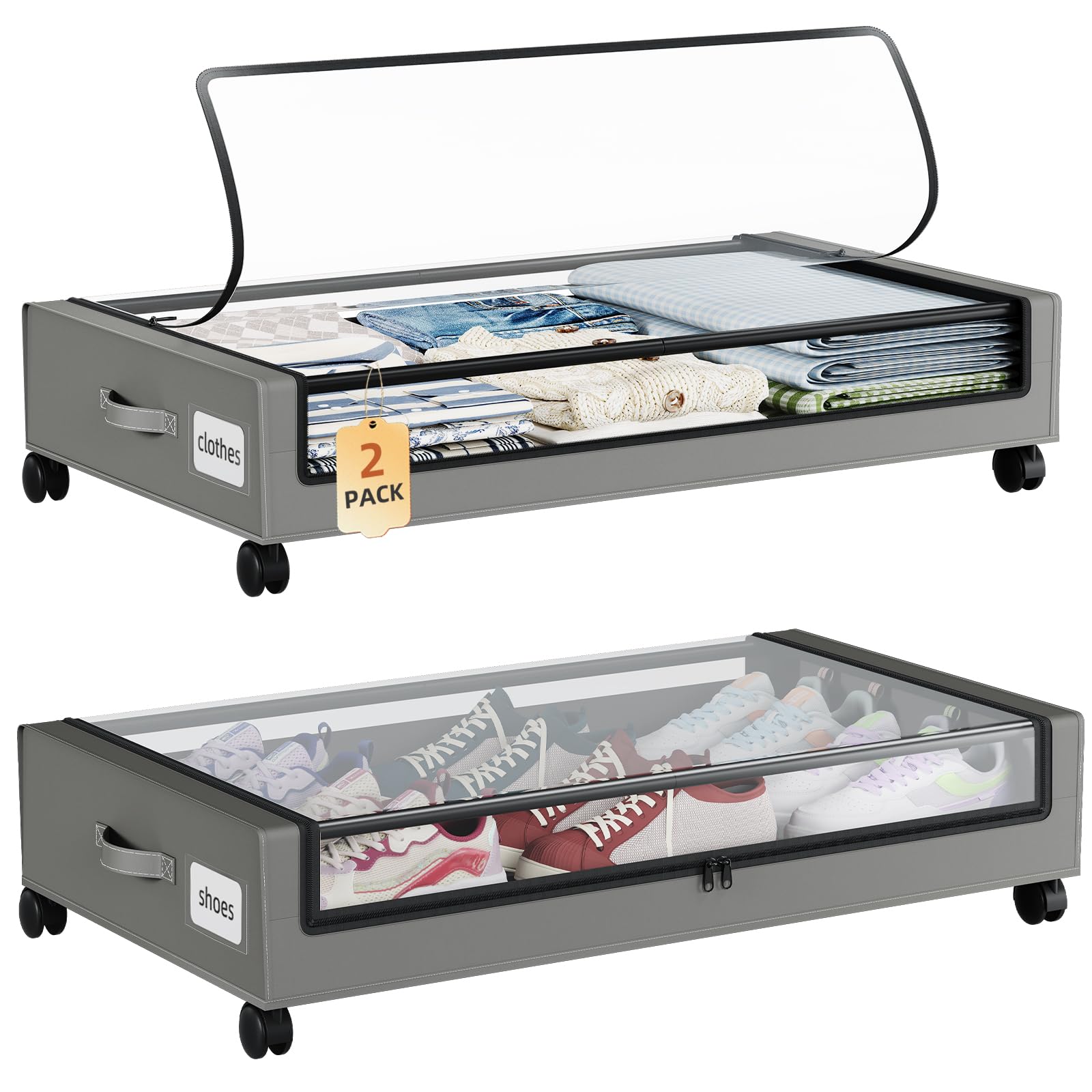 Somdot 48L Under Bed Storage Box, Large Capacity Under Bed Storage on wheels with Lid and Zip, Foldable Organiser for Clothes Bedding and Shoes, Charcoal Grey, 2 Pack — image 1