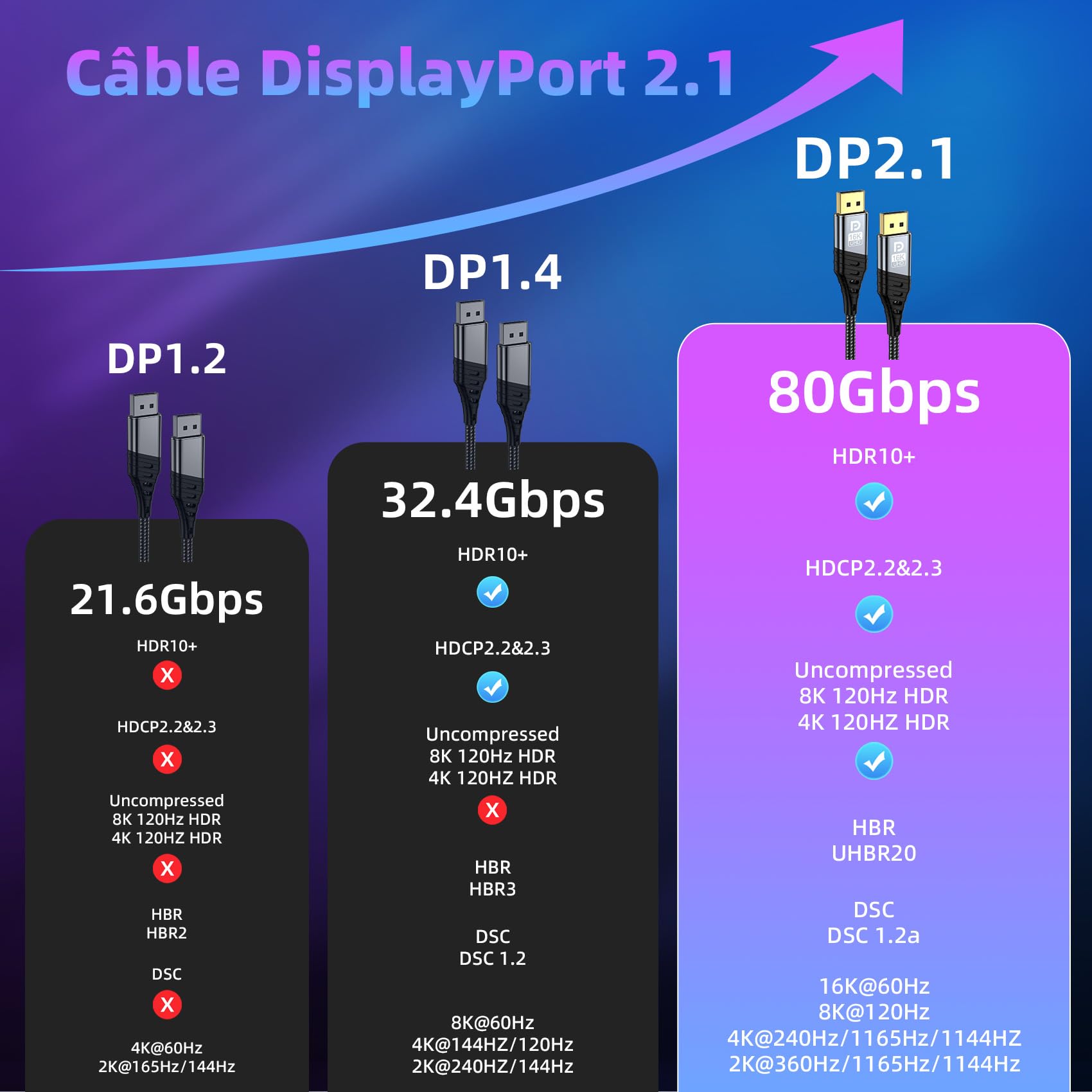 Câble DisplayPort 2m 2.1, 16K Câble DP 16K@60Hz, 8K@120Hz, 4K@240Hz/165Hz/144Hz 80Gbps, HDR, FreeSync, G-Sync, DSC 1.2a, HDCP 2.2 pour Moniteur de Jeu, Carte Graphique