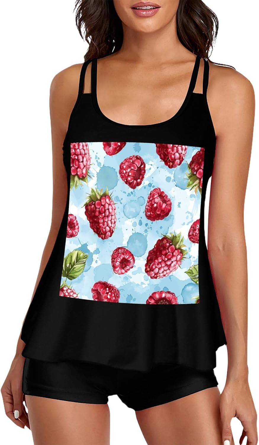 Light Blue Pattern Tankini Swimsuits for Women Tummy Control Two Piece Bathing Suits Swim Tops with Boy Shorts