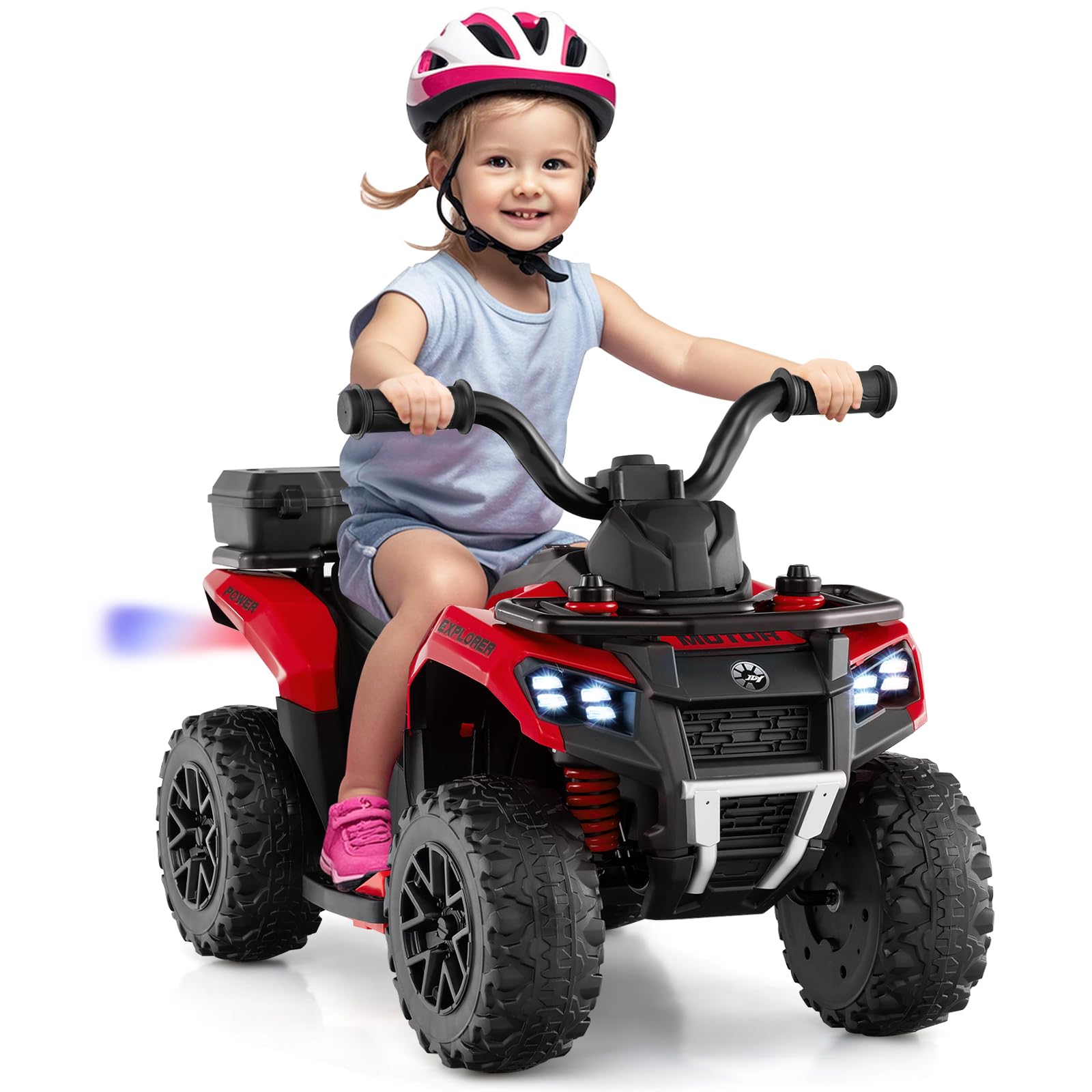 Maxmass 6V Kids Electric Quad Bike, Battery Powered Ride on ATV Car with Spray Function, Horn, Music, LED Lights, Storage Basket, Children Electric Vehicle Toy Cars for 18+ Months Old (Red)