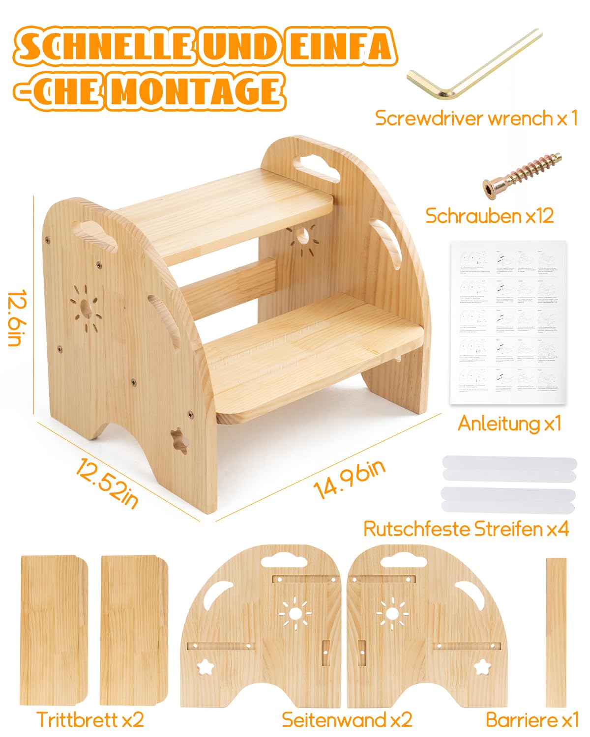 Tritthocker Kinder Holz 2 Stufen – Rutschfester Kinderhocker mit Griff – 80kg Belastbarkeit für Küche & Bad ab 3 Jahren