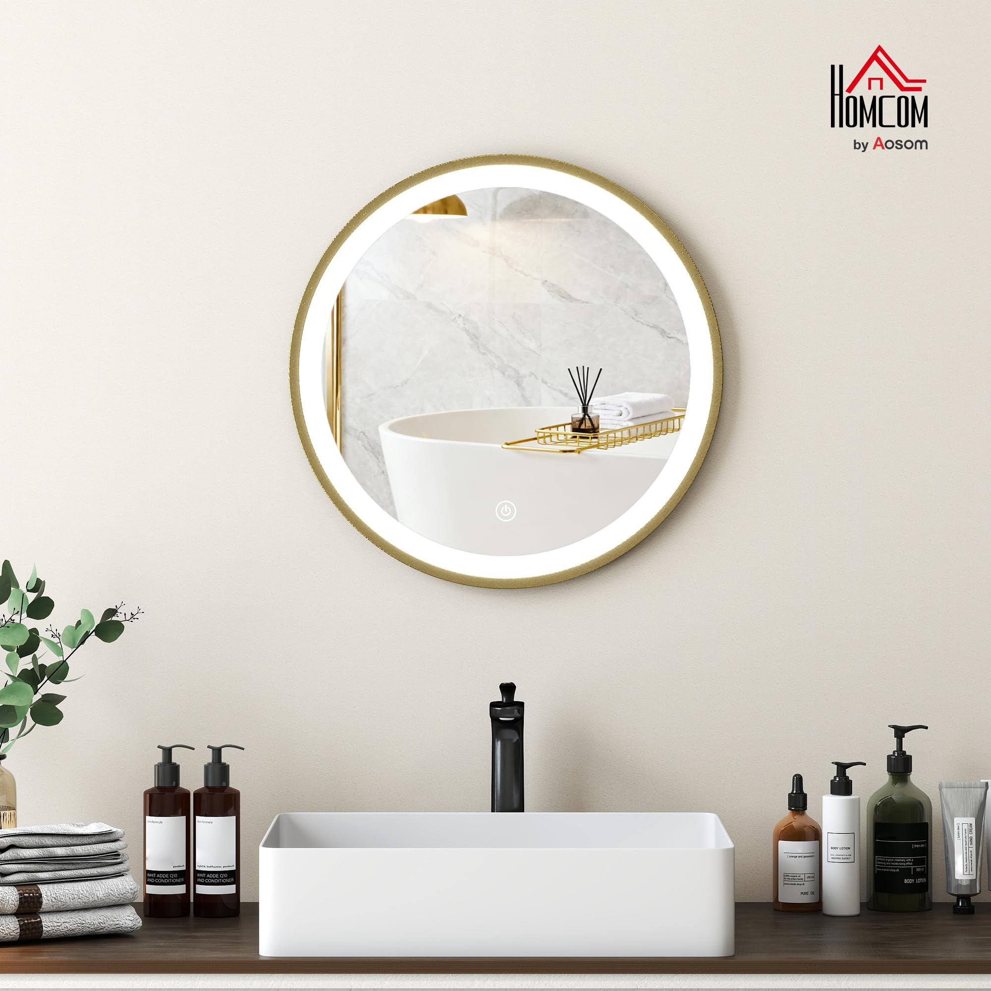 HOMCOM Miroir Salle de Bain avec éclairage LED Rond 40 cm, Miroir Lumineux Mural à 3 températures de Couleur, luminosité réglable, Interrupteur Tactile, doré