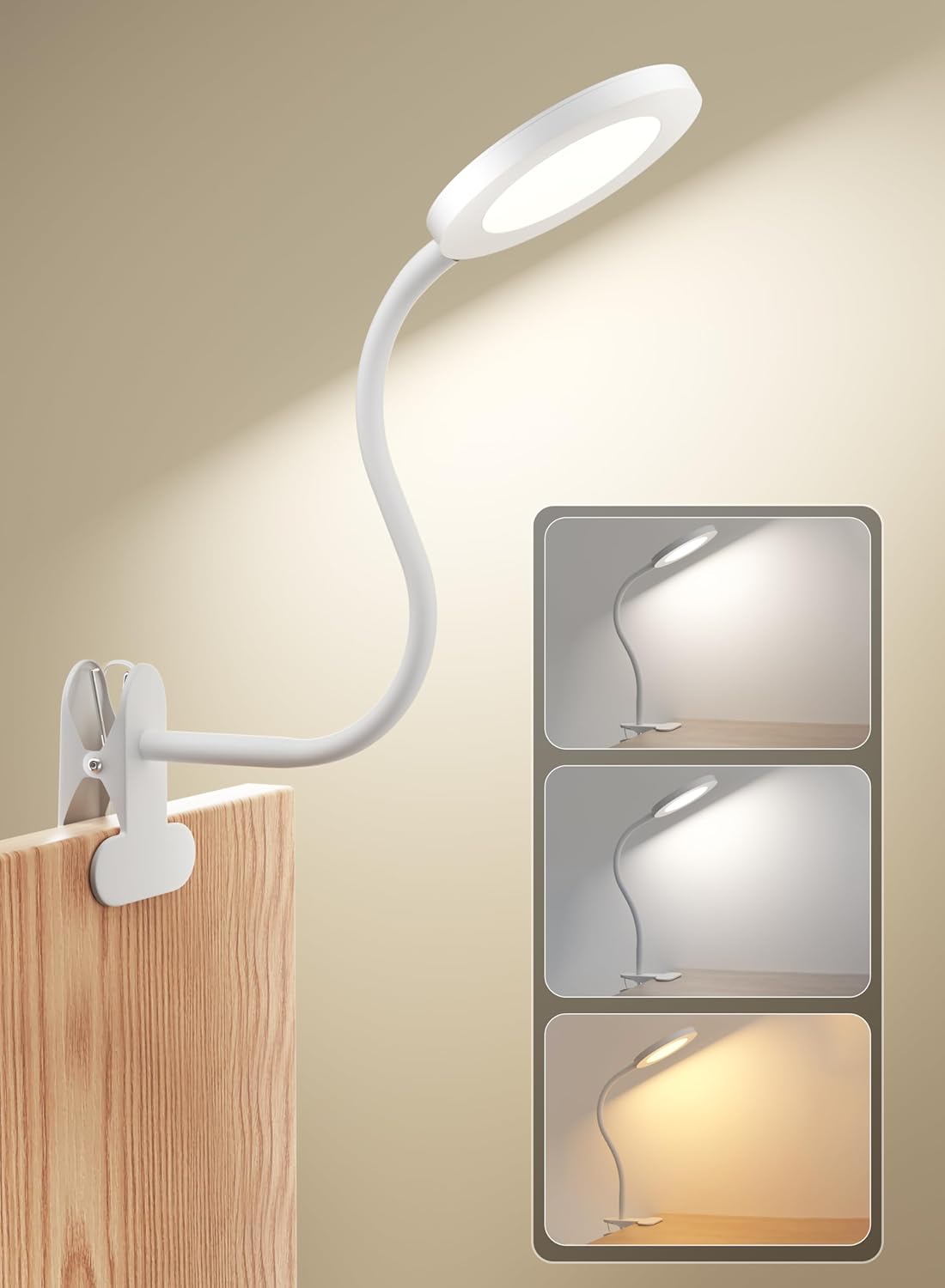 deeloop LED Clip on Light,100% Infinite Dimmable Reading Book Lights in Bed Headboard, 450LM Touch Control Desk Lamp with Clamp, Eye-Care 3 Color Temperature Flexible Rotation for Bedside Night Light