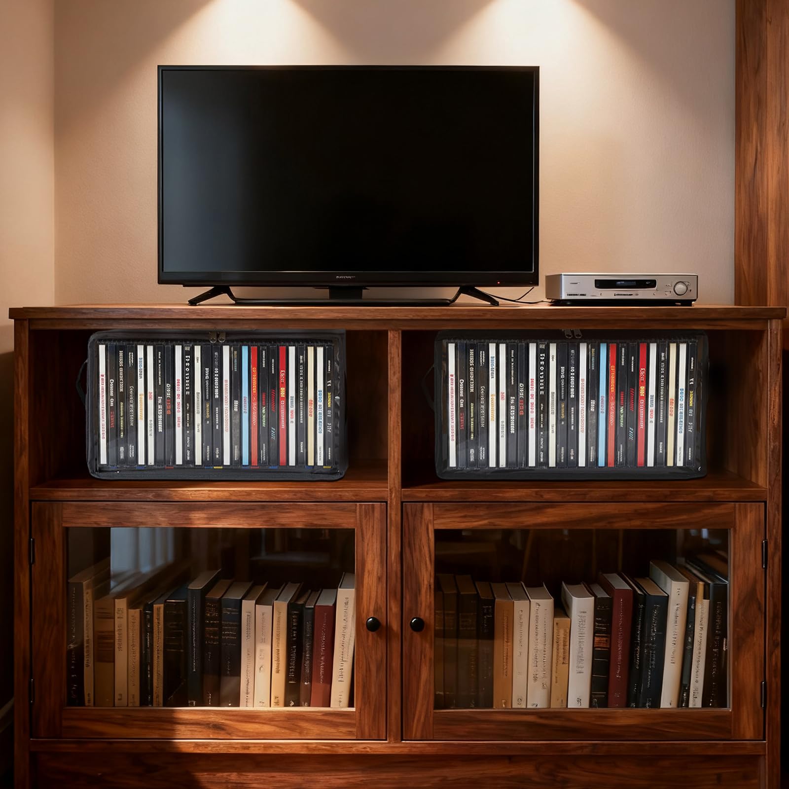 Confezione da 8 contenitori per DVD in tessuto resistente con coperchio in PVC trasparente, contiene 25 custodie standard per DVD, robusto tessuto non tessuto con supporto in cartone per