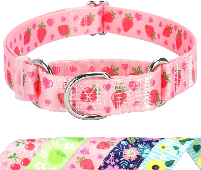 Coleira Martingale para Cães com Estampa de Morango Rosa, Sem Fivela, Tamanho S — MAOWUWUJOZ