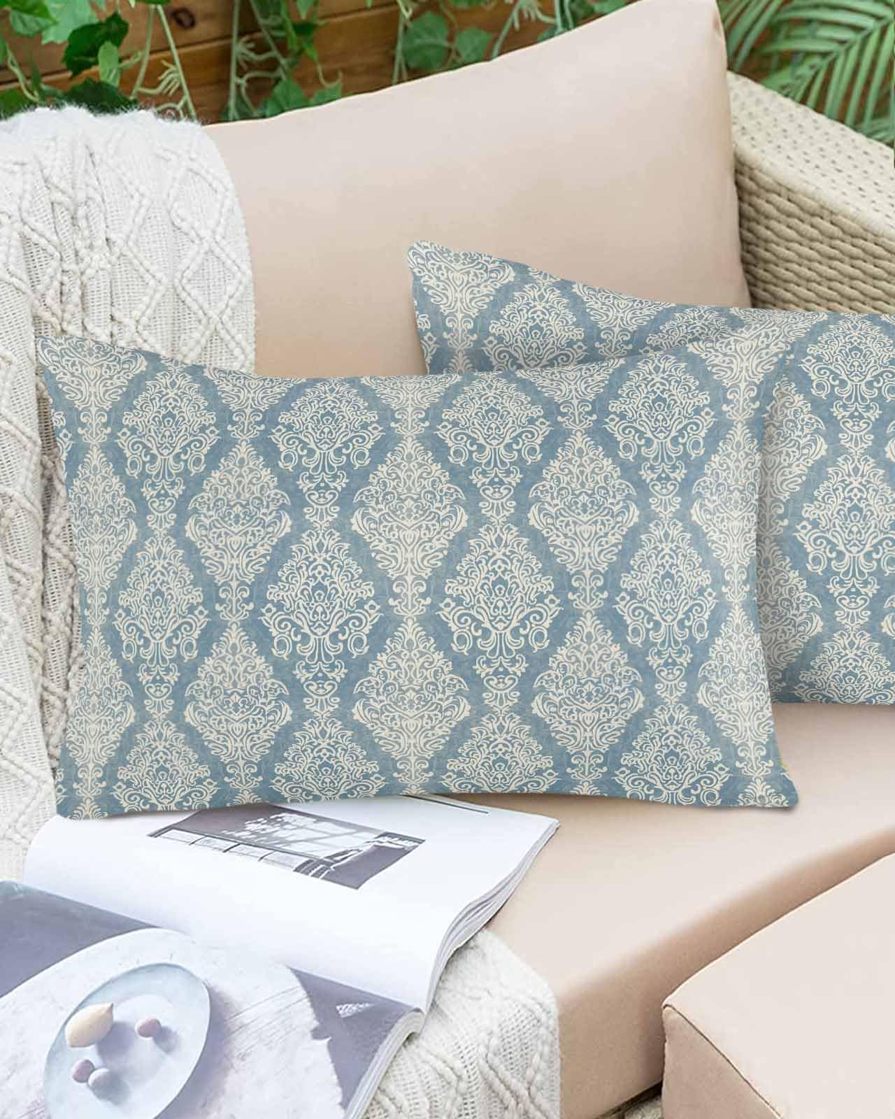 Boanket Lumbar Pillow Covers 12 x 20 in, Southwestern Blue Boho Waterproof Throw Pillow Cover Set of 2, Vintage Mexican Ethnic Flowers Home Decorative Rectangle Cushion Covers for Patio/Couch/Garden