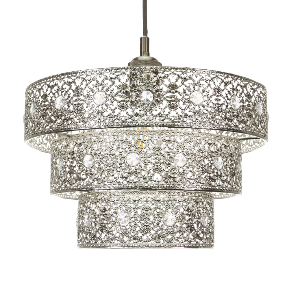 Happy Homewares Traditional Polished Silver Acrylic Gem Moroccan Style Triple Tier Ornate Pendant Light Shade With Transparent Sparkly Beads | 60W Maximum | 30Cm Diameter By