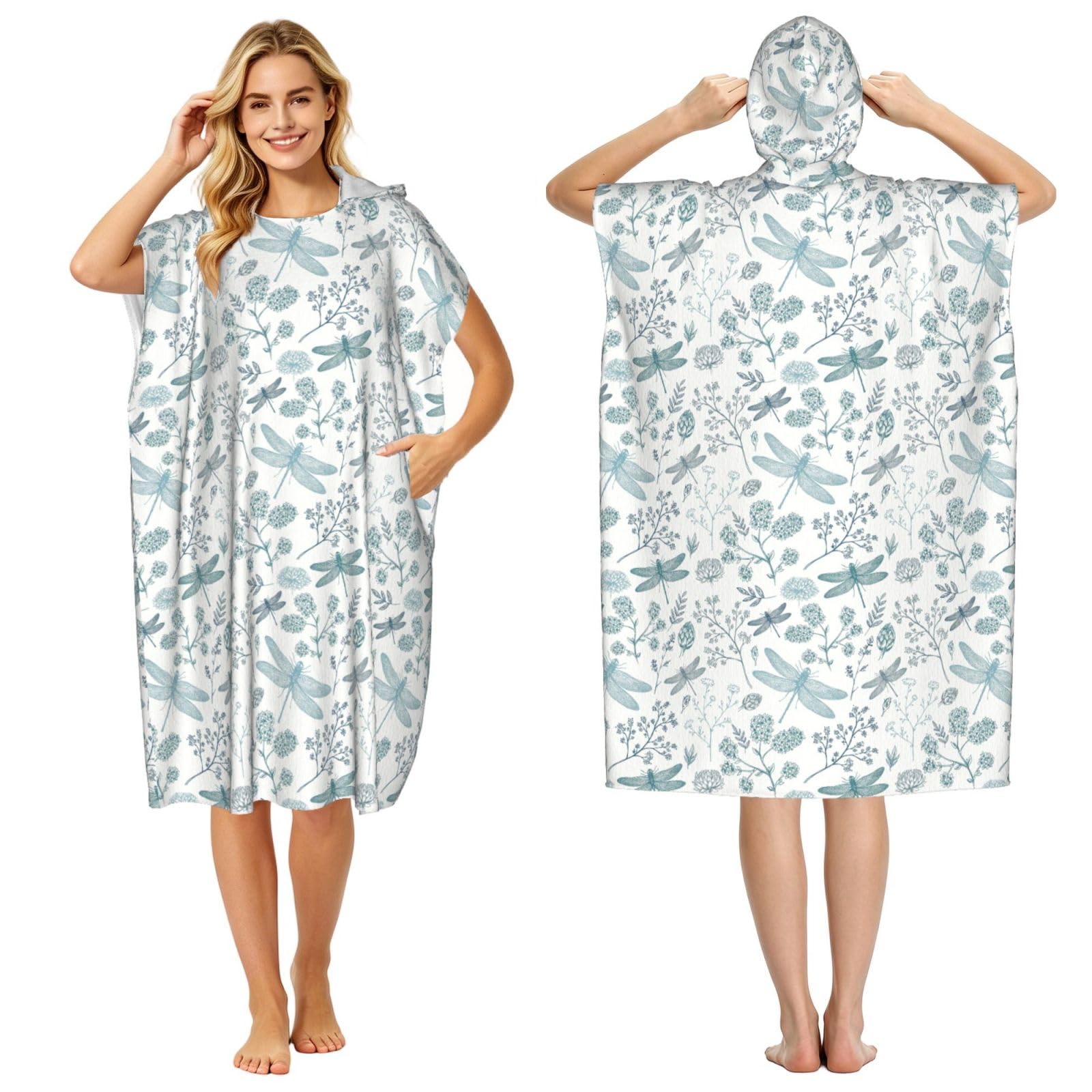 Poadnly Blue Dragonfly Fern Botanical, Adult Hooded Beach Towel 90 x 110 cm,Changing Bath Robe, Surf Poncho Towel For Women Men