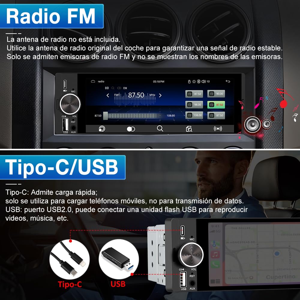1 DIN Universal Radio Coche con Pantalla Táctil 6.36 Pulgadas, con CarPlay/AndroidAuto, Admite Carga Type-C/USB/Micrófono/FM/EQ/WiFi/GPS/Bluetooth/USB/SWC y Cámara Trasera