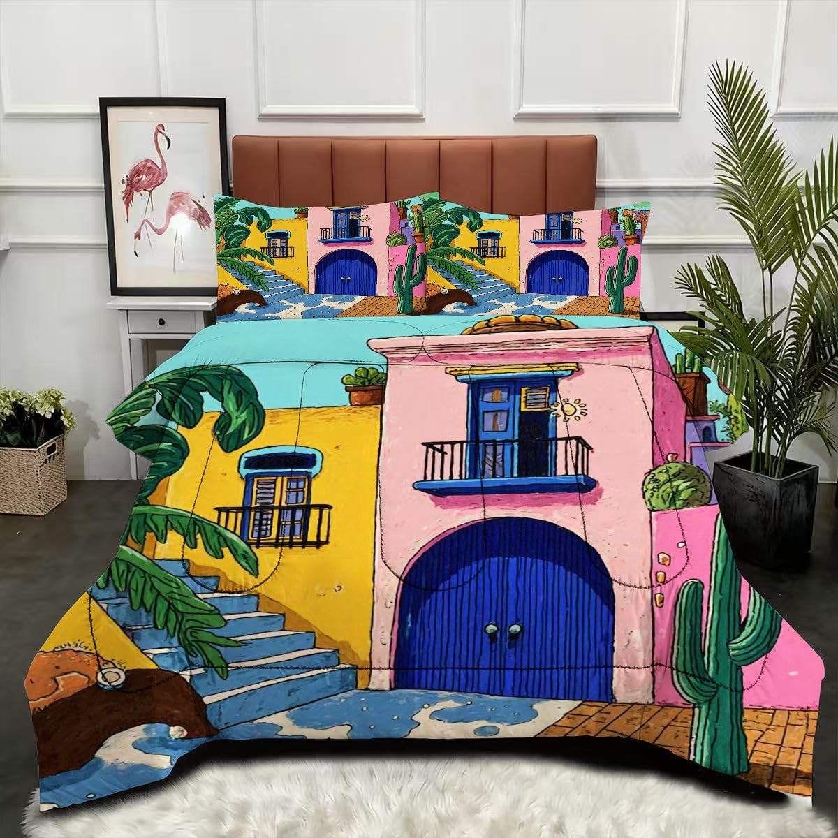 Couette 140x200 cm Cactus Animé avec 2 taies d'oreiller pour lit une place