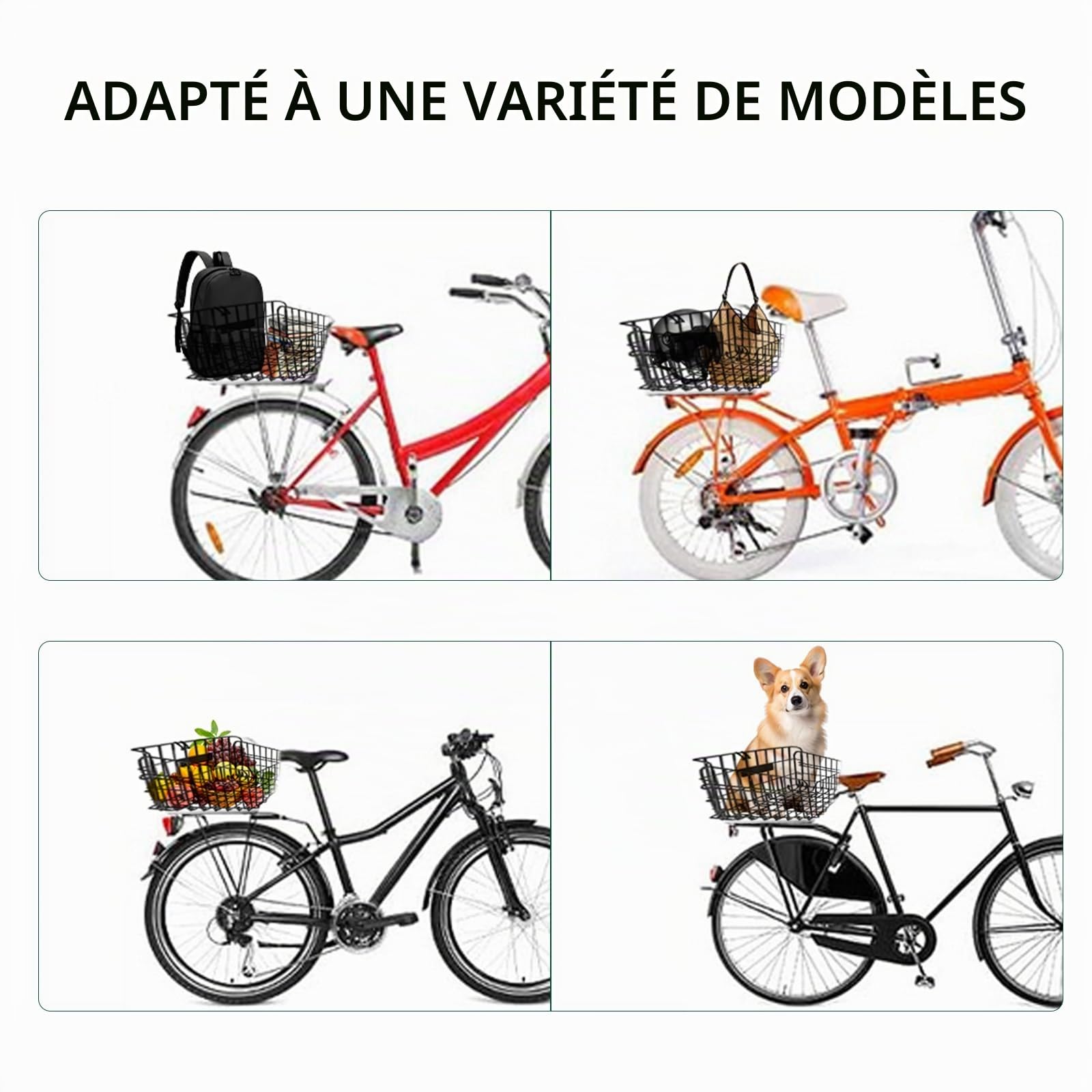 W&H Panier de Vélo Arrière Amovible en Métal - Grand Panier de Vélo Pliable - Porte-Bagages Arrière avec Accessoires de Montage - Filet à Bagages et Réflecteur - Panier de Vélo pour Petit Chien