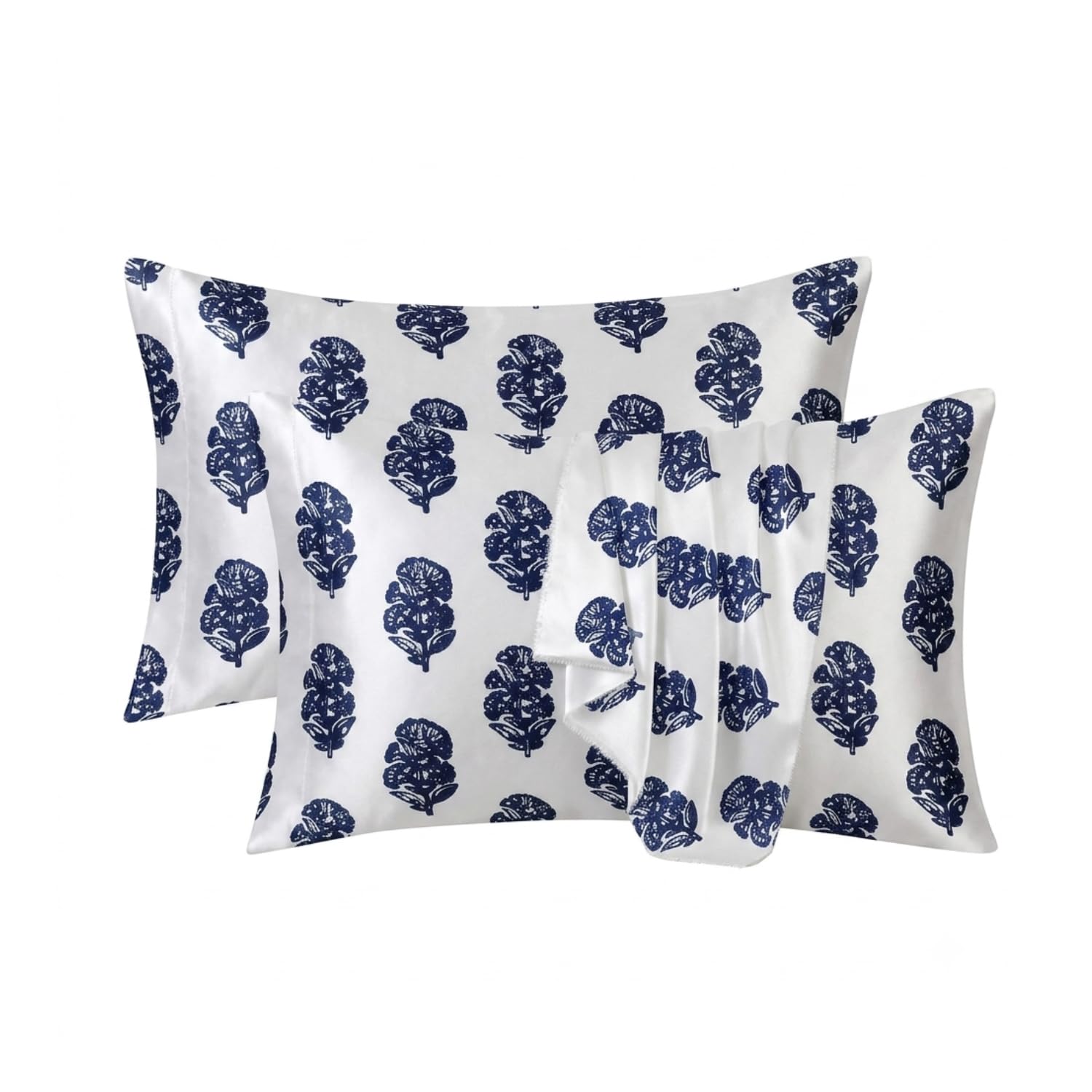 RAGGLE Set of 2 Satin Silk Pillowcase for Hair and Skin Standard Size 18"X 28" with Soft Breathable Smooth Cooling Pillow Covers for Sleeping or Pillow Protector (2, Navy Blue Printed)
