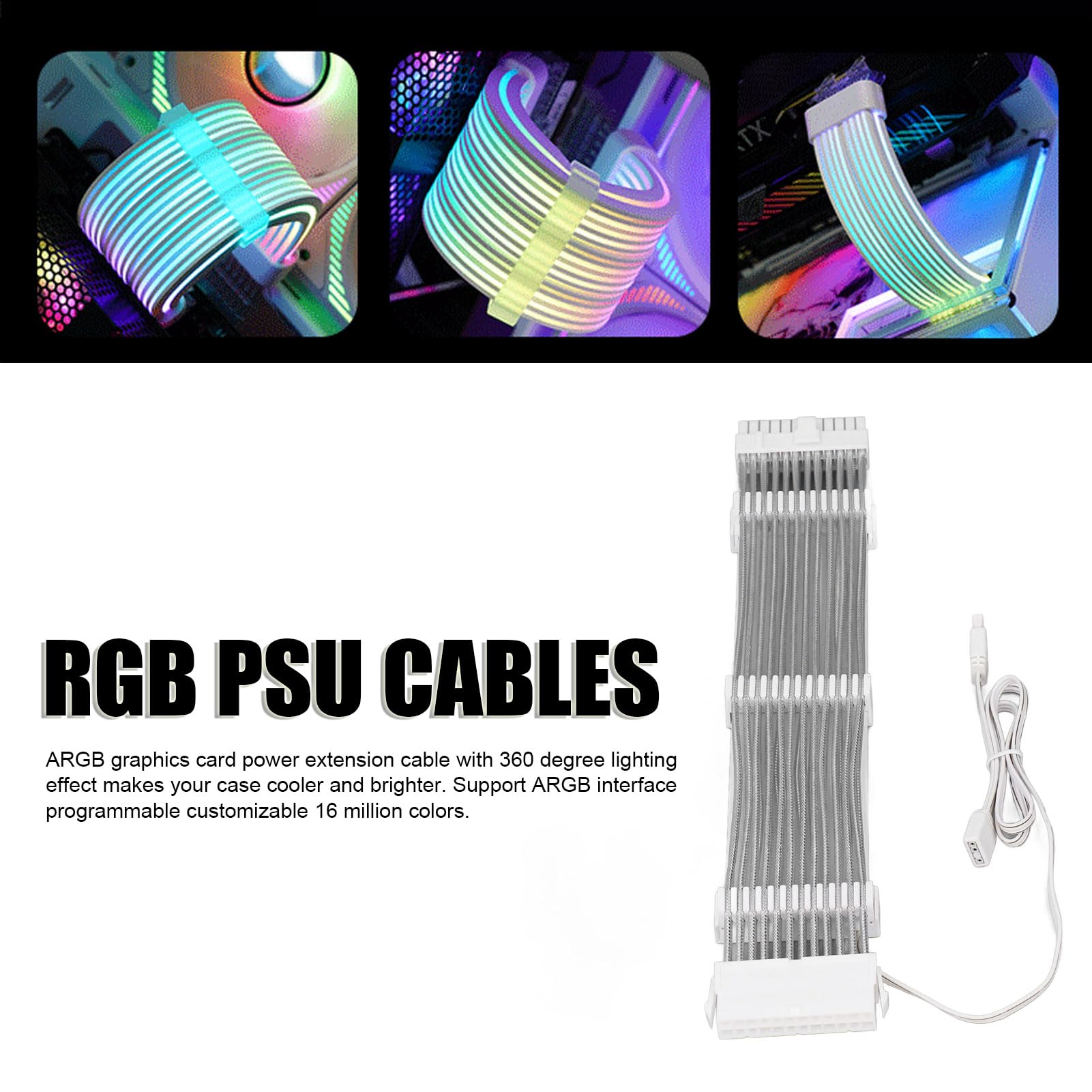 ciciglow ARGB-Stromverlängerungskabel, 18 AWG, 24 PIN auf 24 PIN, 4-seitig Beleuchtet, Flexibles ARGB-buntes, Synchronisiertes, Ummanteltes Kabel, Unterstützt 5 V 3 PIN-Schnittstelle