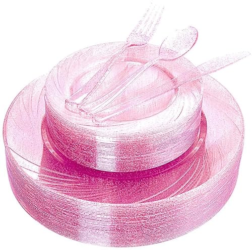 WDF Rose Gold Pink Plastic Plates with Pink Plastic Silverware include 40 Dinner & Salad Plates, 40Forks, 40 Knives, 40 Spoons for Wedding/Party/Valentine's Day
