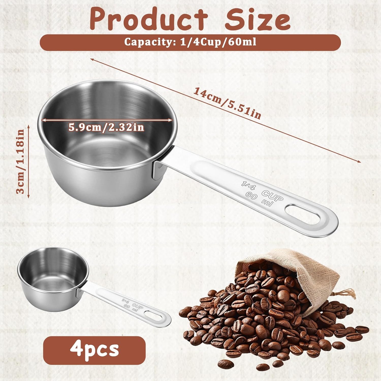 4 Pcs 1/4 Cup Measuring Cups 60 ml Stainless Steel Scoop Coffee Food Scoop for Liquid, Kitchen Wet and Dry Ingredients, Baking