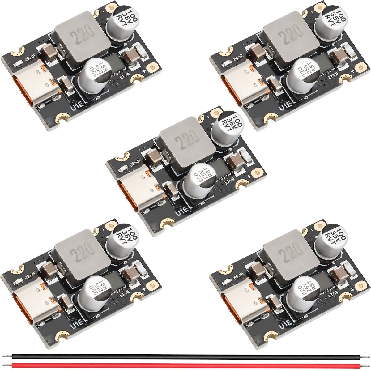5 sztuk Moduł ładowania PD65W 8-30V USB-C, wyjście 5V/9V/12V/20V PD3.1 QC3.0 SCP PPS, konwerter buck, z kablem czerwonym i czarnym 24AWG